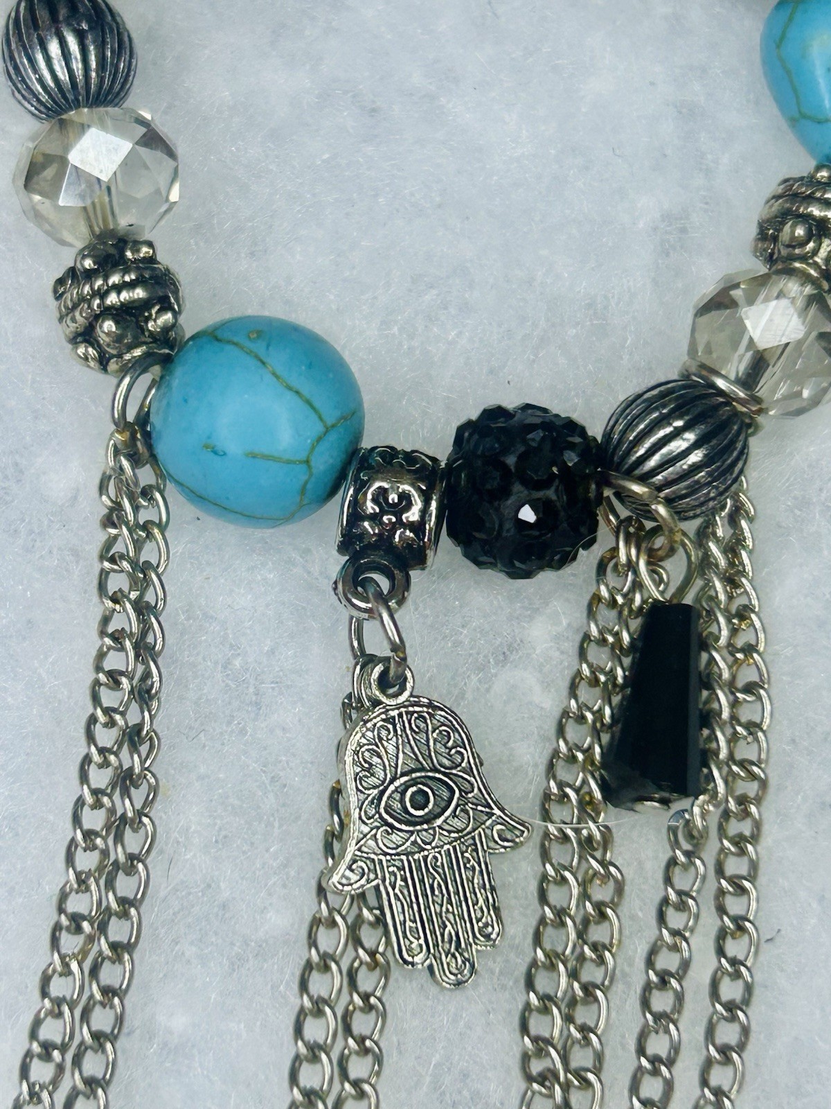 Beaded Turquoise Charm Bracelet Black Blue Silver Hamsa Evil Eye Dangle
