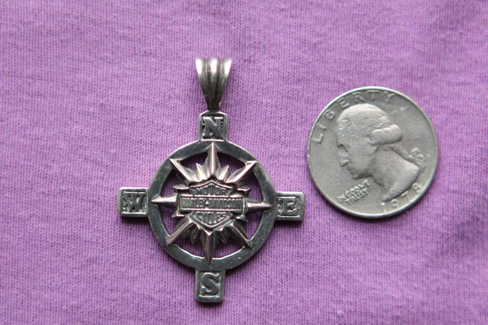 MOD Rare Sterling Silver Harley Davidson Shield Compass Bikers Pendant