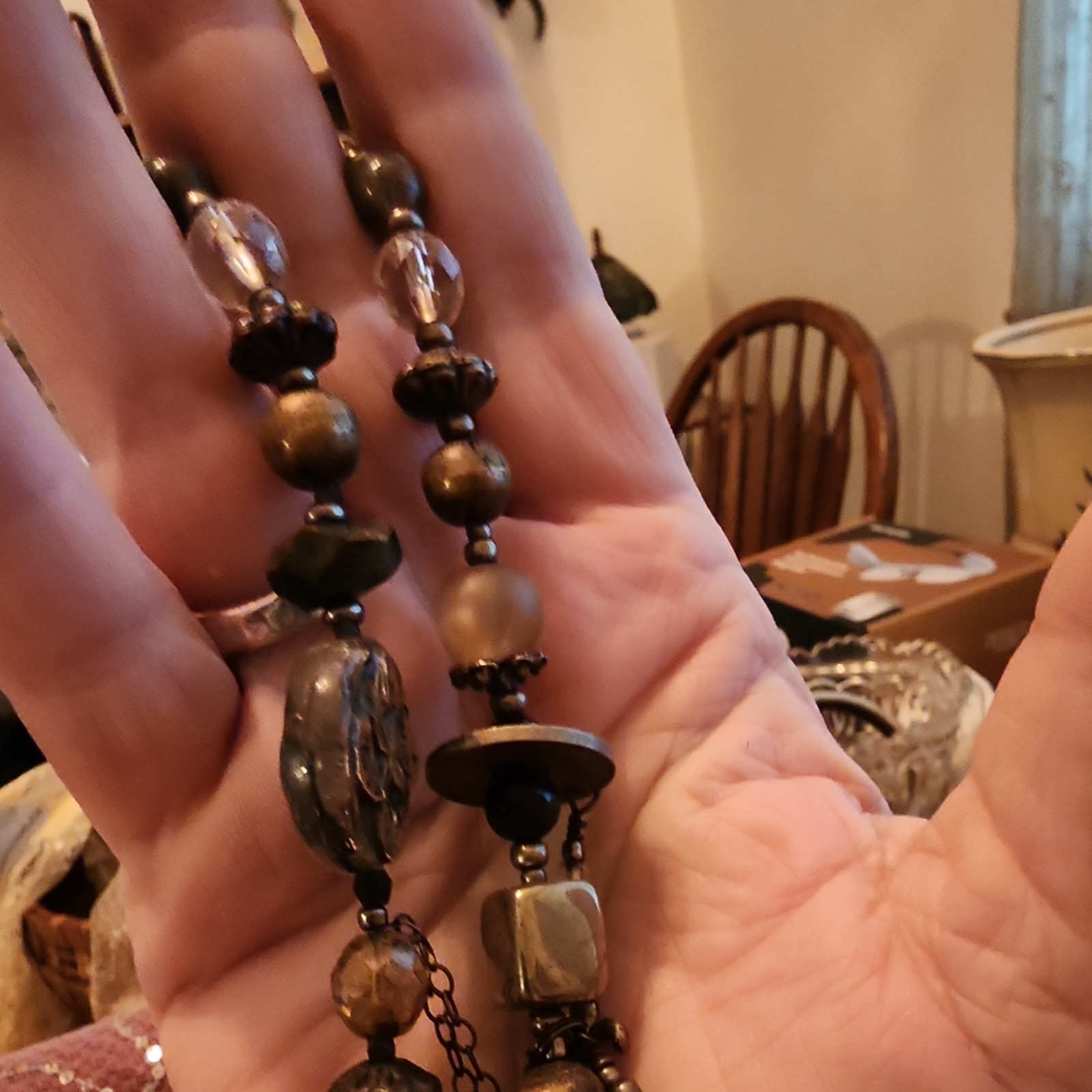 Boho Beaded Statement Charm Necklace Bronze/Black Rectangle Pendant, Dangling