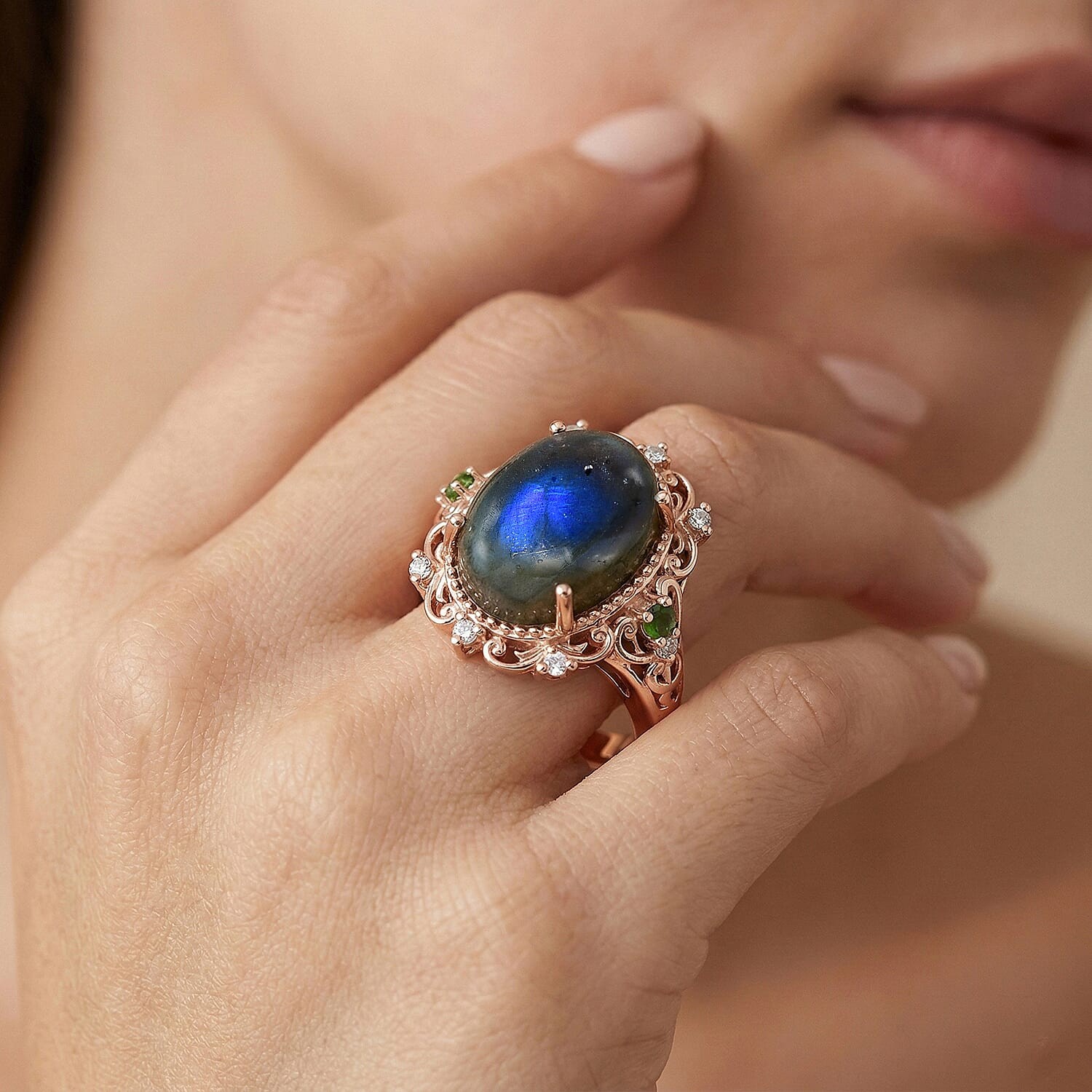 Labradorite, Chrome, White Zircon Ring 18K Rose Gold Plated 6.36 ctw Size 8.0