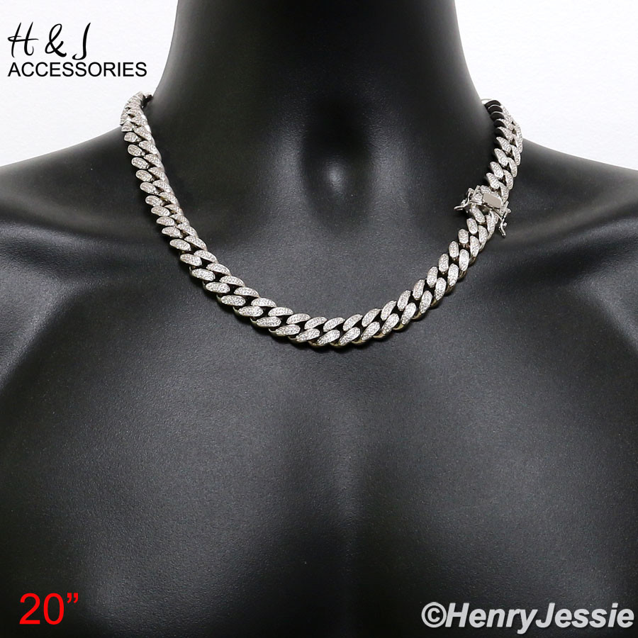 MEN 14K WHITE GOLD PLATED 18″-30″X12MM CZ MIAMI CUBAN CURB CHAIN NECKLACE*ABN1