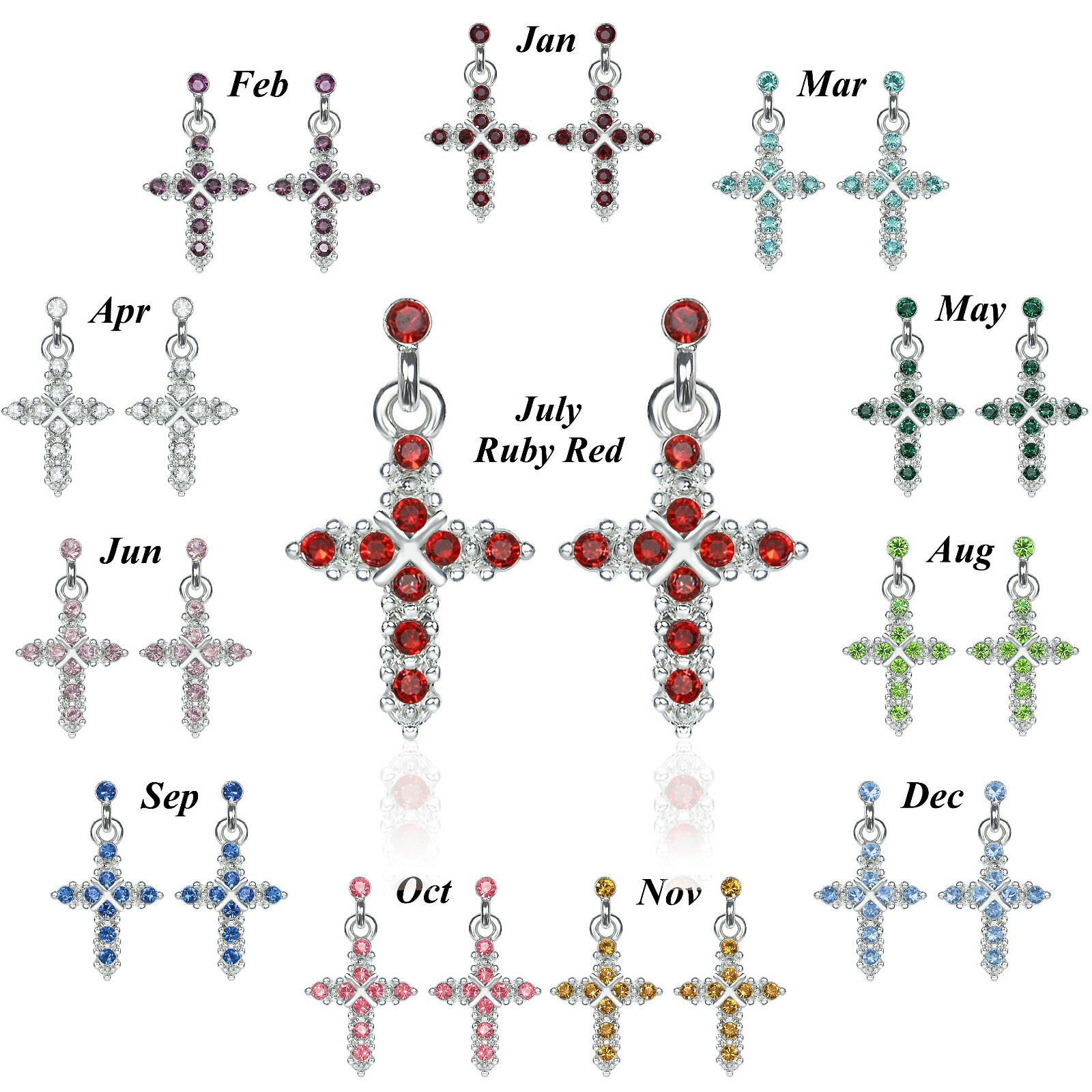Austrian Crystal Silver Birthstone Cross Necklace 15″-18″ Adj Chain ALL MONTHS!