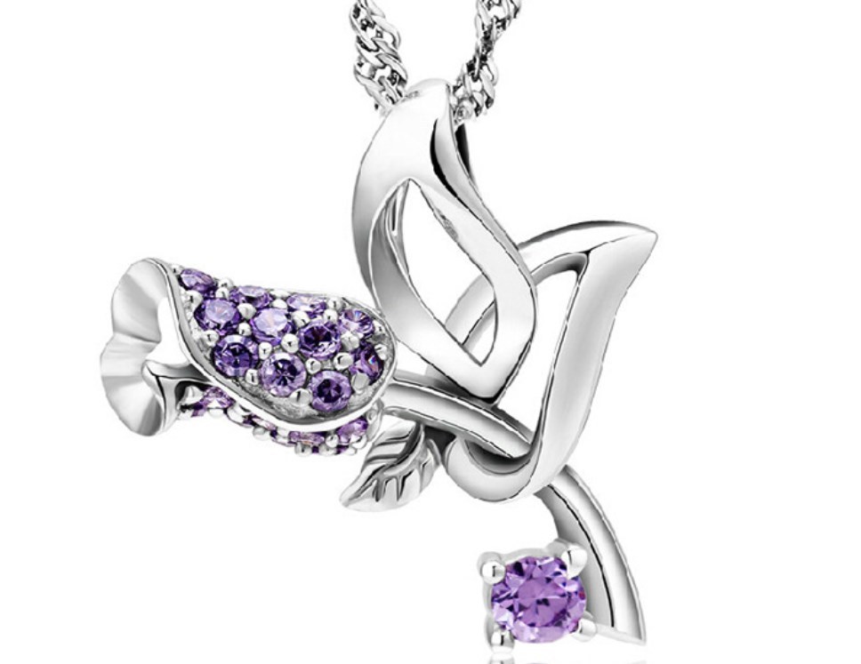 Sterling Silver Purple Rose Amethyst Flower Pendant Chain Necklace Love Gift L22