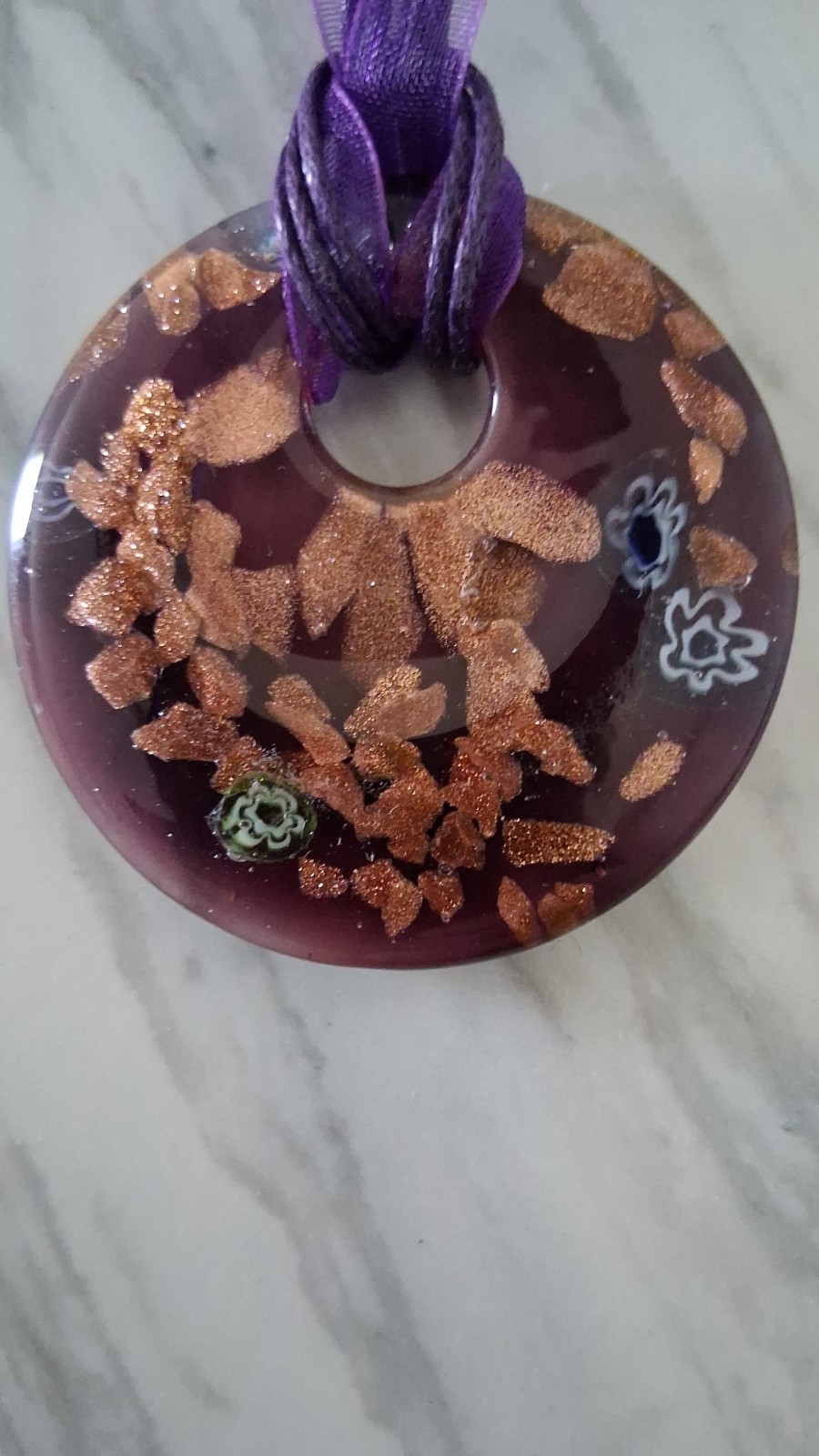 Purple Glass Gold Foil Charm Necklace