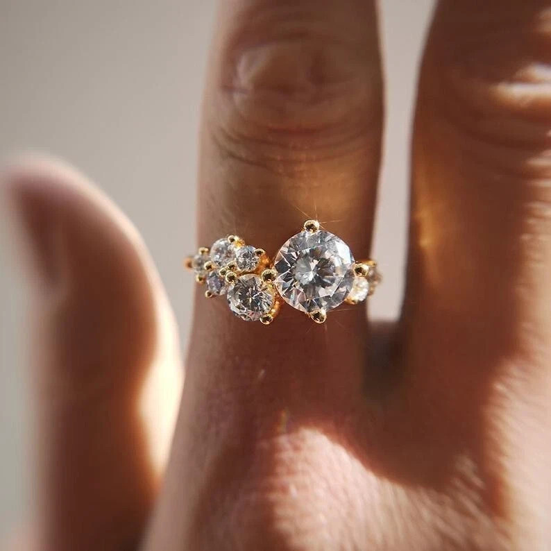 Unique 2.50CT Round Cut Real Moissanite Engagement Ring 14K Yellow Gold Plated