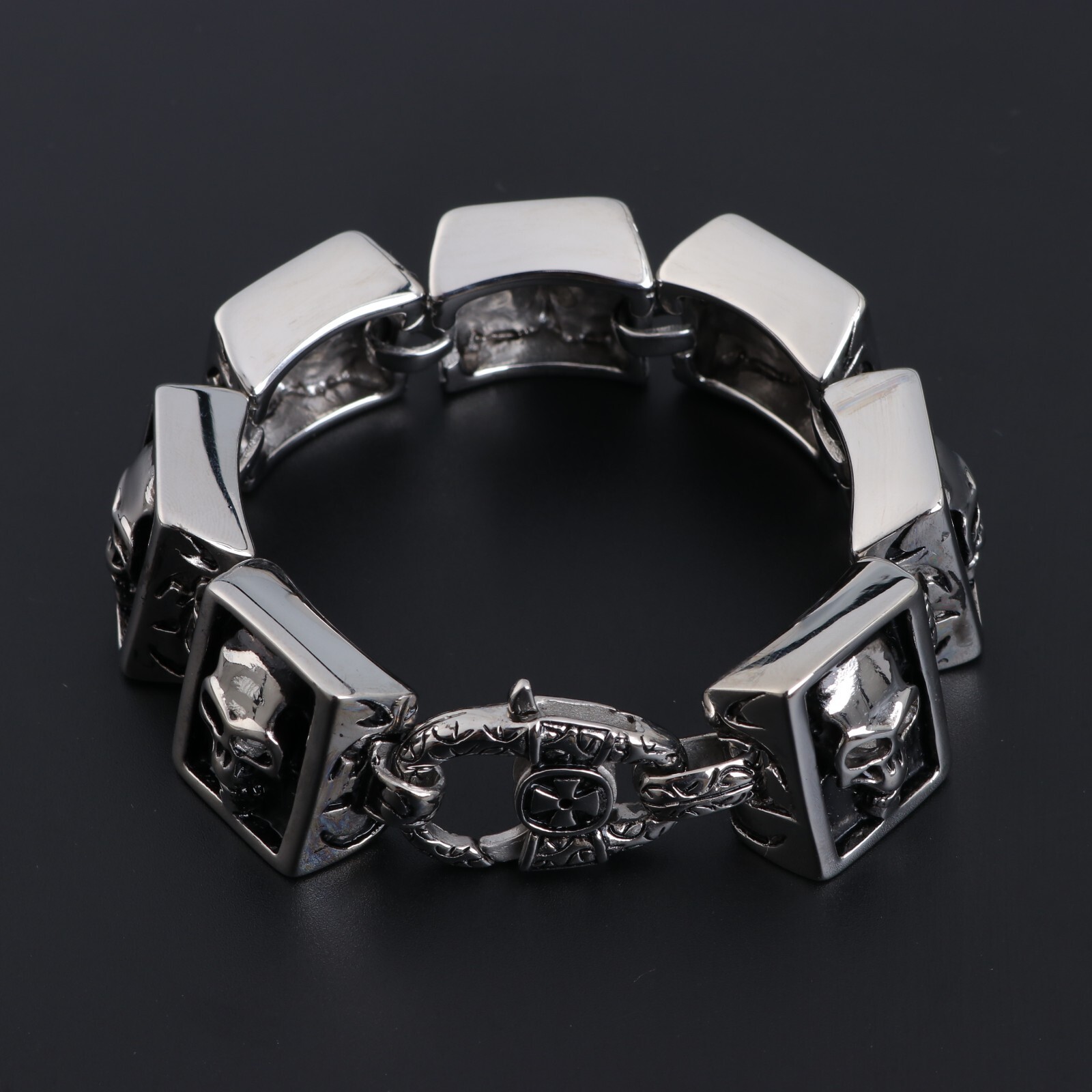 Biker Punk Rocker Square Skull Stainless teel Bracelet Halloween 8.5″ US Seller