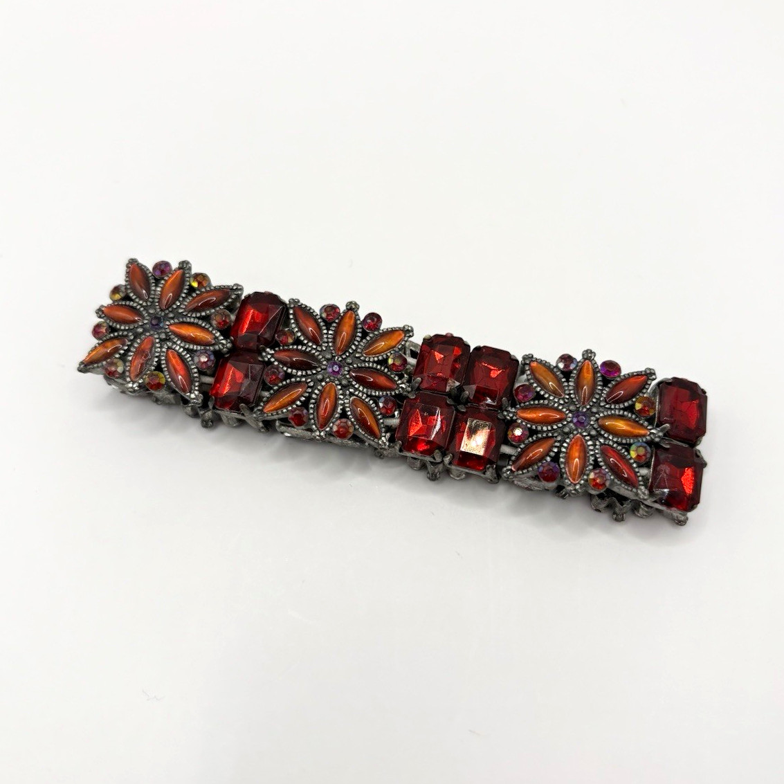 Red Rhinestone Flower Statement Stretch Bracelet, Prong Set Square Stones
