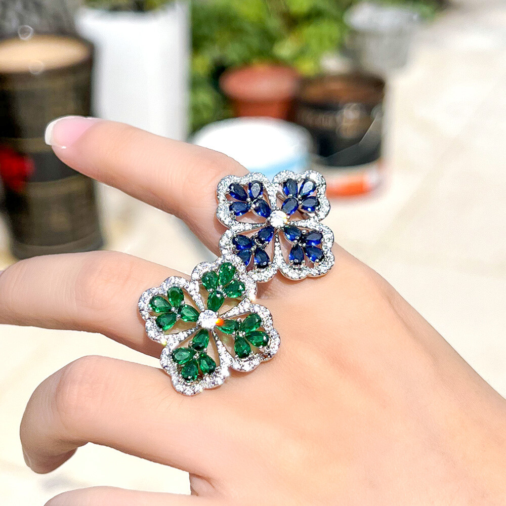 Silver Plated Blue CZ Crystal Flower Statement Women Chunky Flower Party Ring