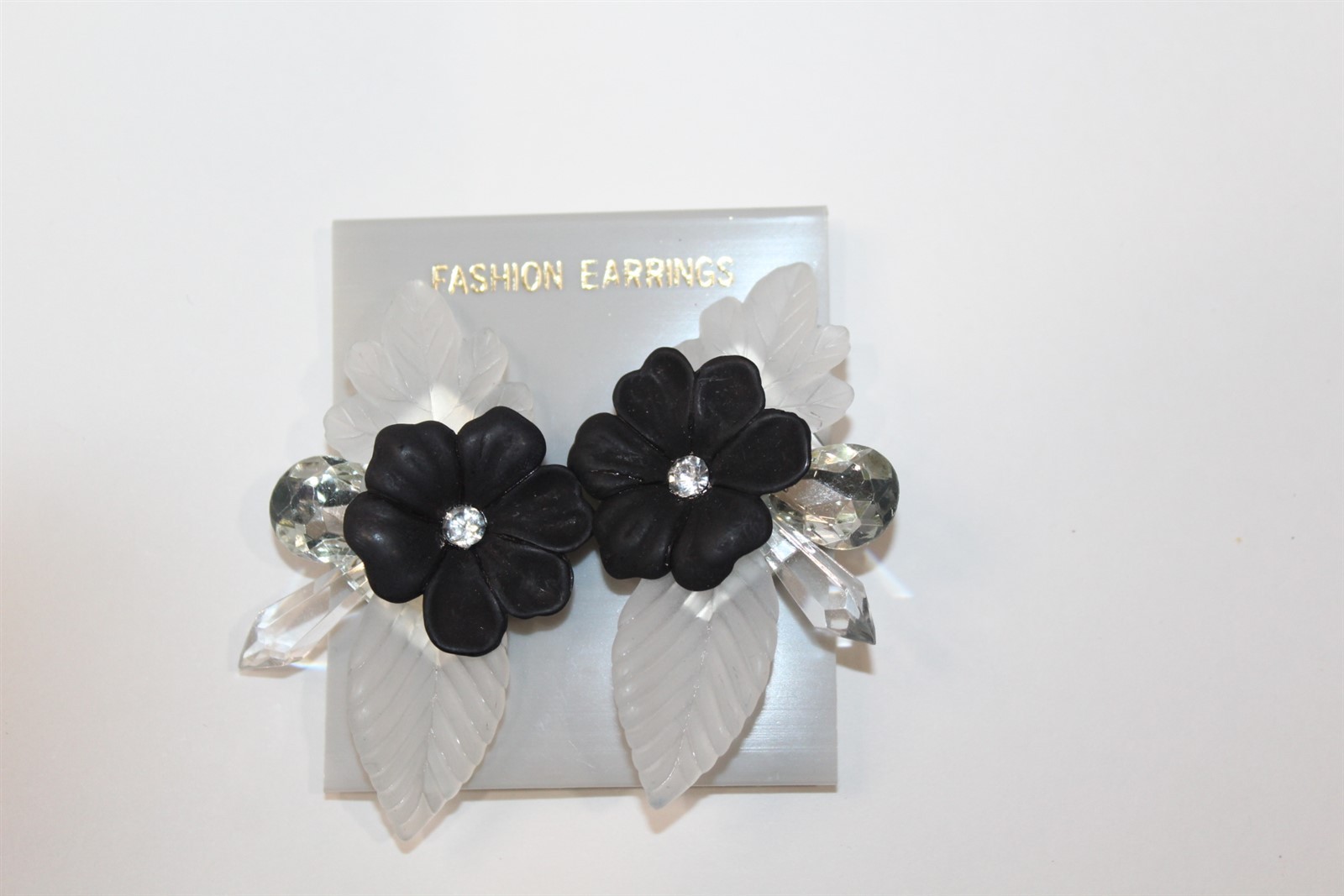 Clip On Earrings Acrylic with Black Floral Design 2 1/2″ Vintage