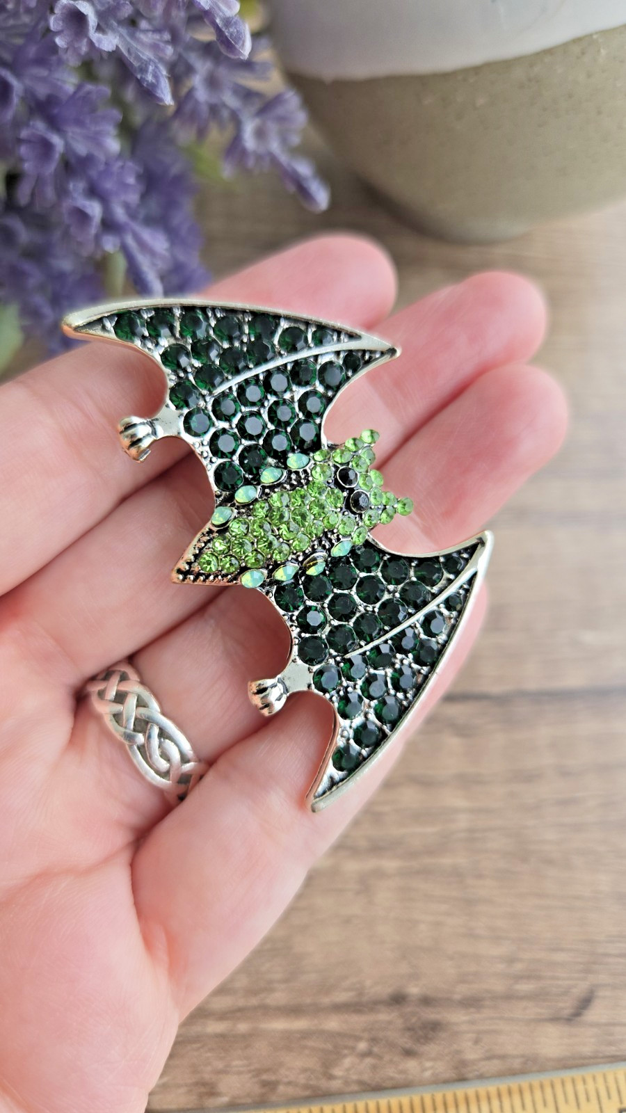 Bat Brooch Green Crystal Rhinestone Silver Tone Halloween Bat Pin