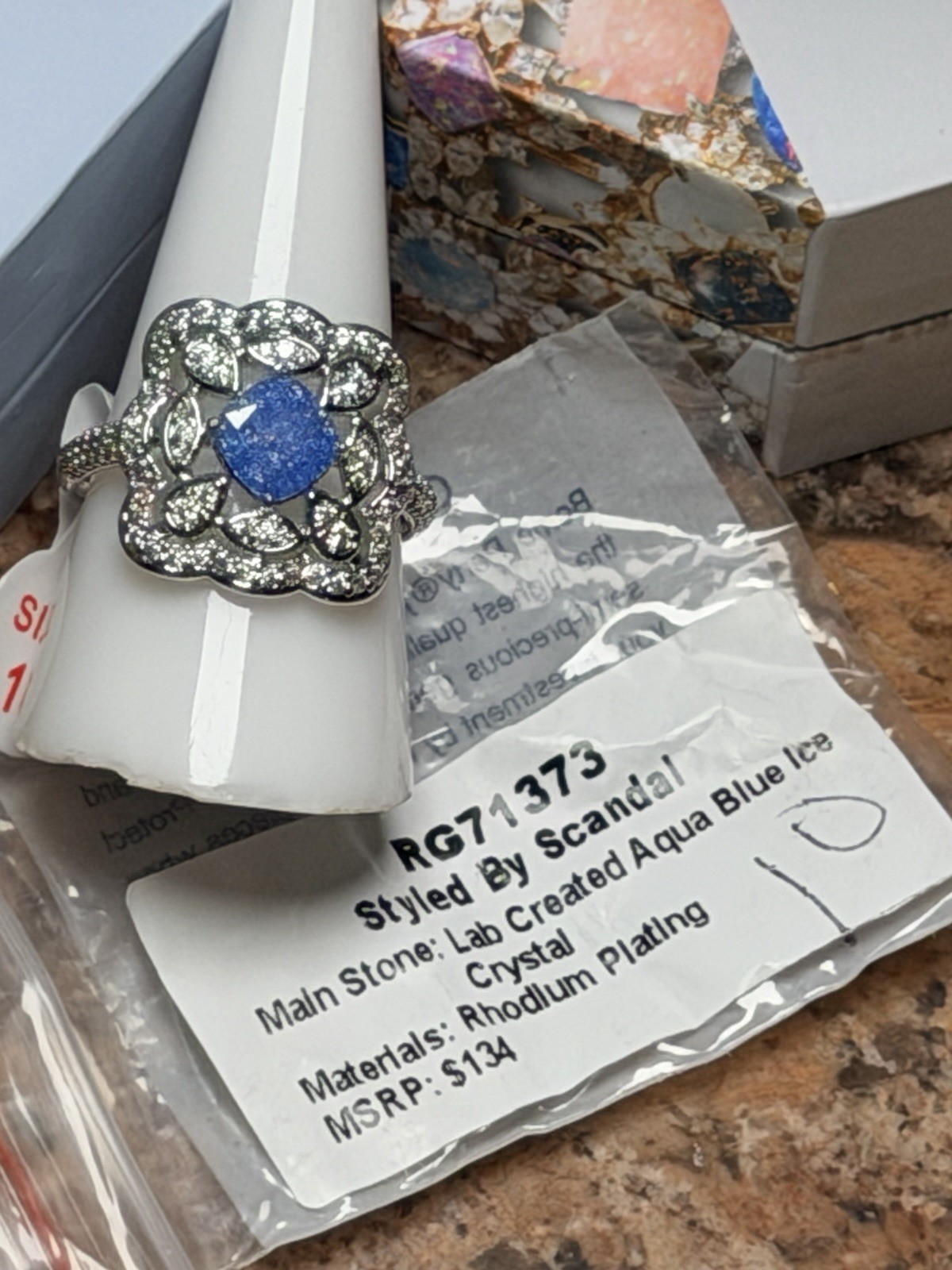 Bomb Party RG71373 Sz 10 Styled By Scandal Aqua Blue Ice Crystal On Rhodium
