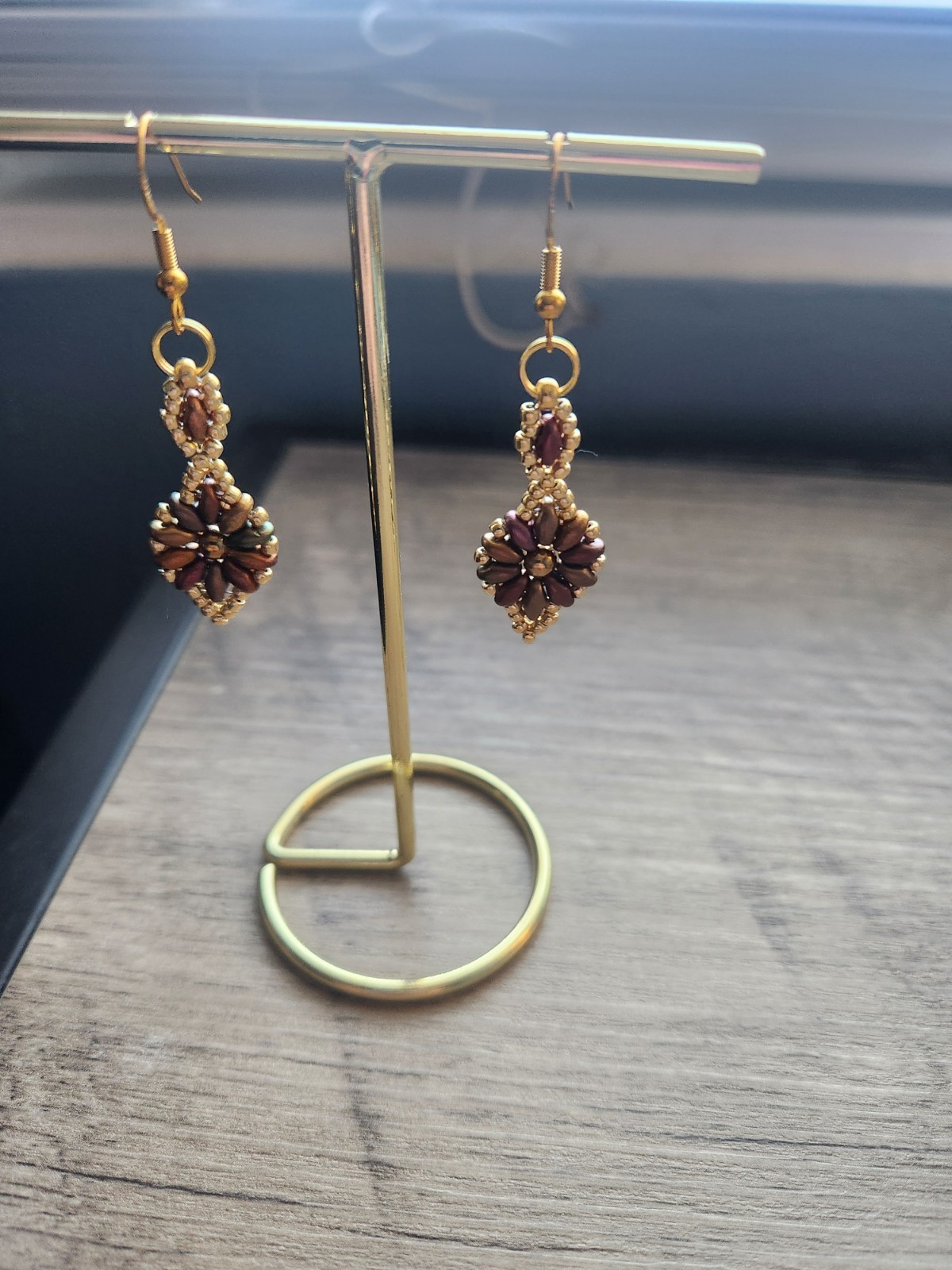 Gold Brown Flower Dangle Drop Beaded Metal Earrings Hook Closure