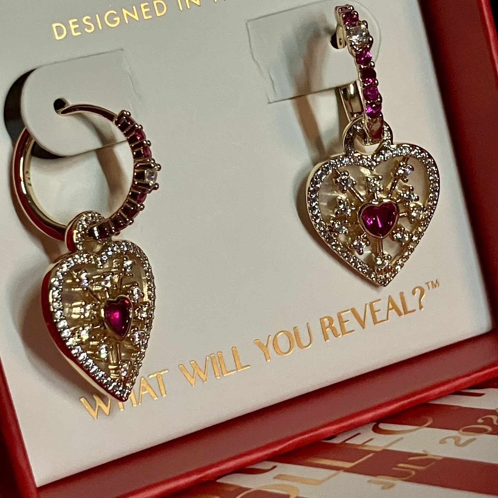 Bomb Party Pink Ruby “Hearts On Fire” Removable Charm Hoop Earrings ER84092 Gold