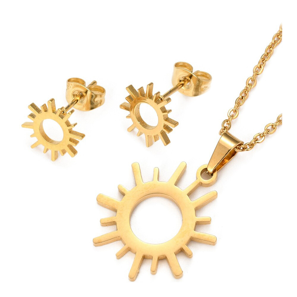 Stainless Steel Set Pendant Necklace Earrings Sun 15.7″ 10×9.5x1mm 0.7mm Z817