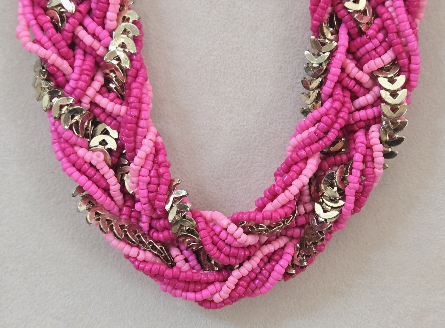 Pink / Fuchsia & Fishbone Link Braided Bead Necklace in Goldtone-Adj. 19-22 In.
