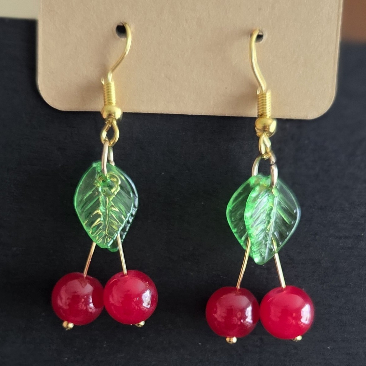 Gold Plated Dangle/Drop Cherry Earrings, Red & Green Red Glass Bead, Hook.
