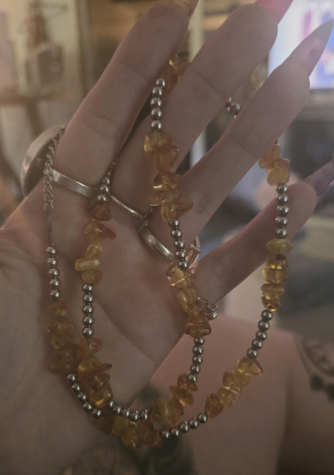Amber Chip Beaded Necklace, Silver Tone Ball/Bead Chain, Silver & Amber