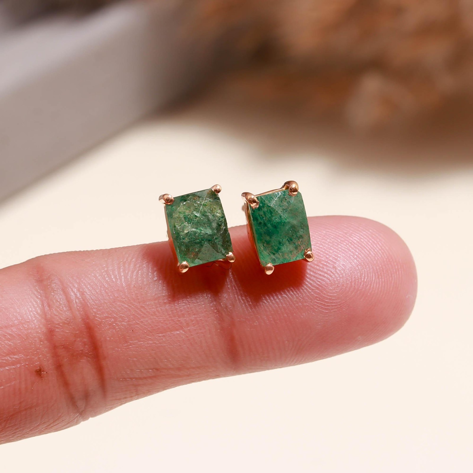 Green Strawberry Octagon Stud Earring Rose Gold Fill 925 Sterling Silver Jewelry