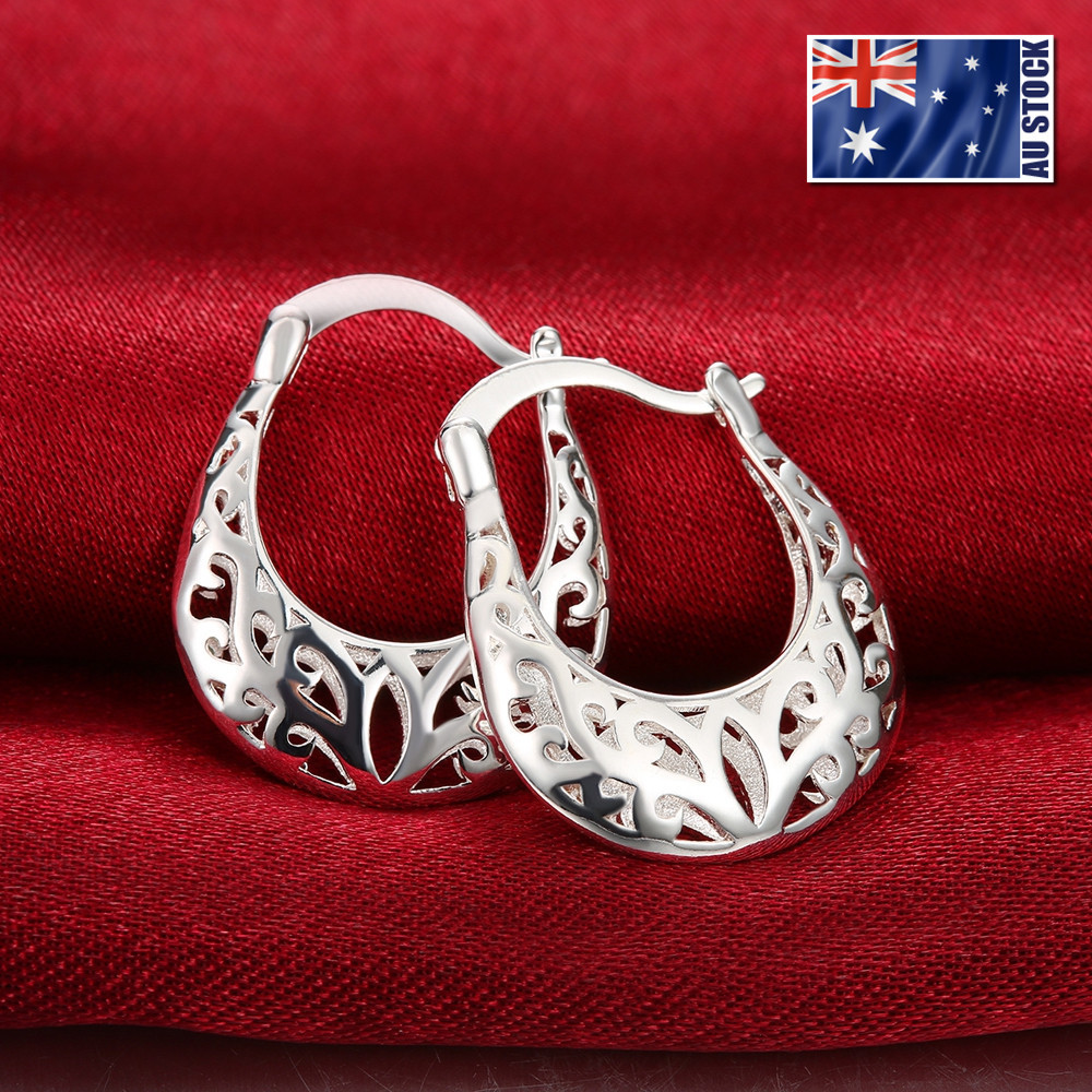 New 925 Sterling Silver Filled Women 26mm Filigree Flower Hoop Earrings Stunning