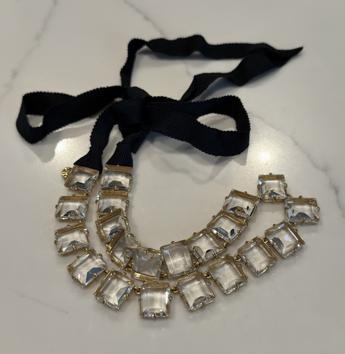 J.Crew Gold Tone Statement Bib Necklace Clear Square Crystal Black Ribbon Tie