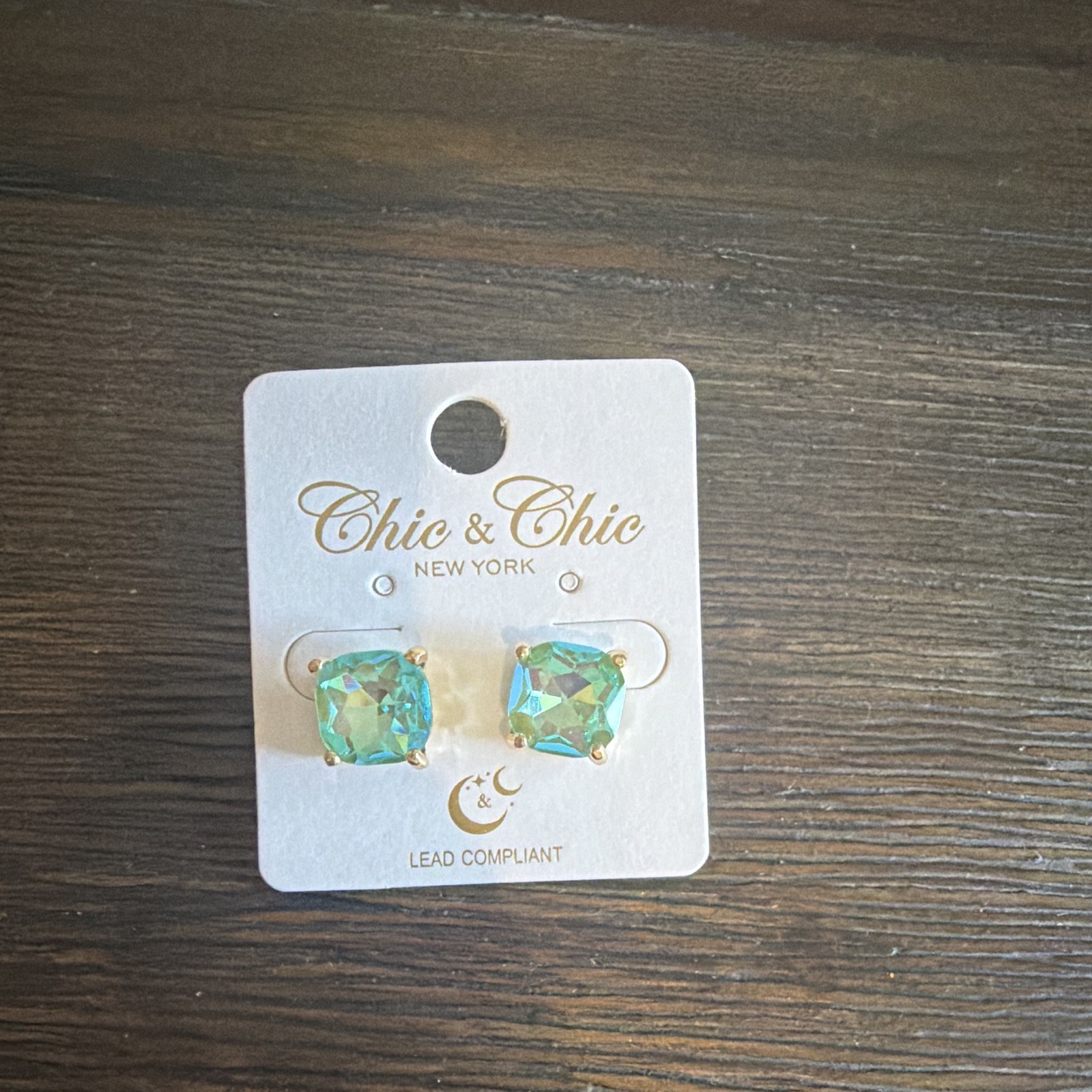 Chic & Chic Green Crystal Stud Earrings Gold Tone Lead Compliant