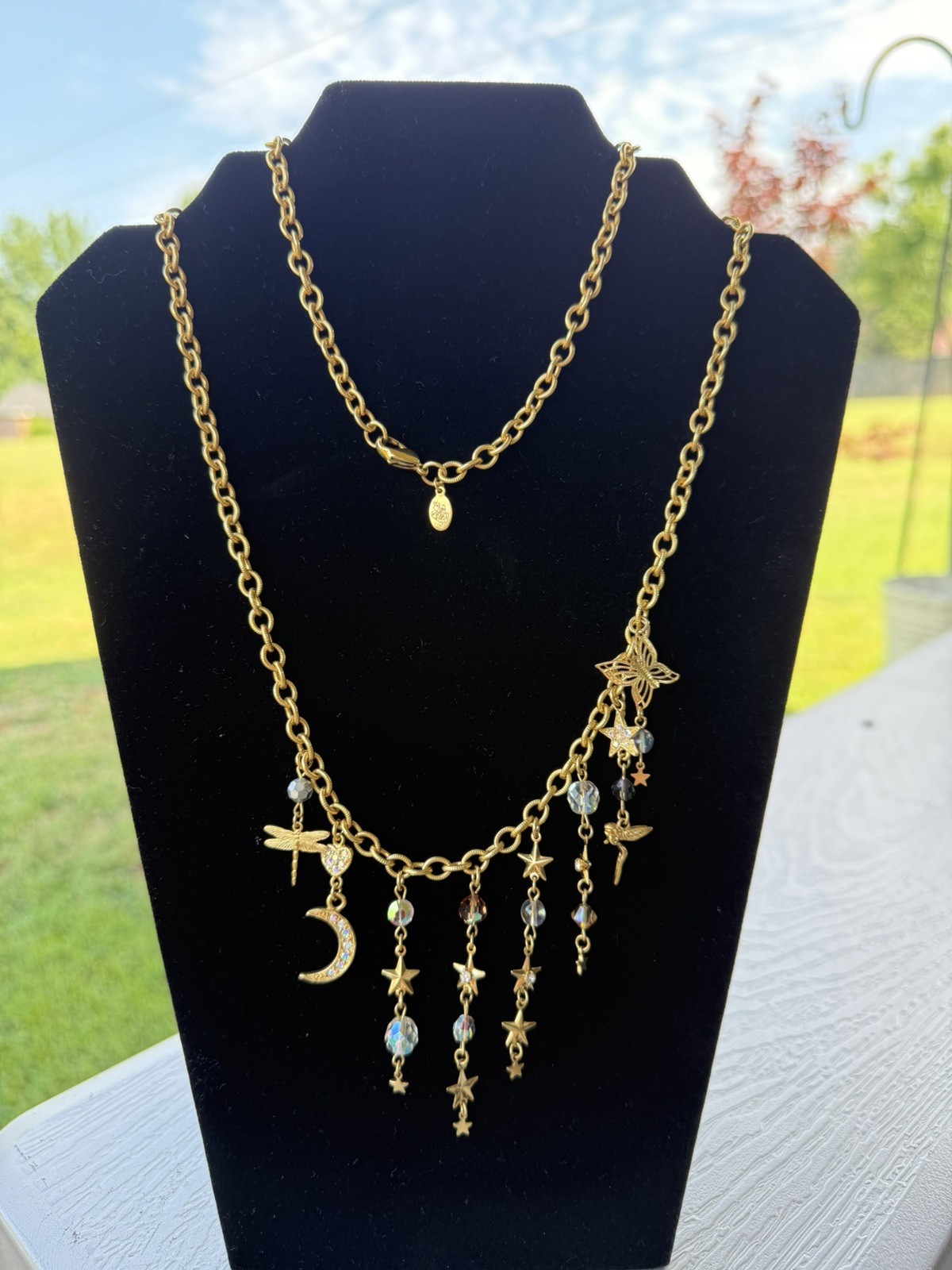 Retired Kirks Folly Celestial Necklace Gold Tone AB Crystals Fairy Moon Stars