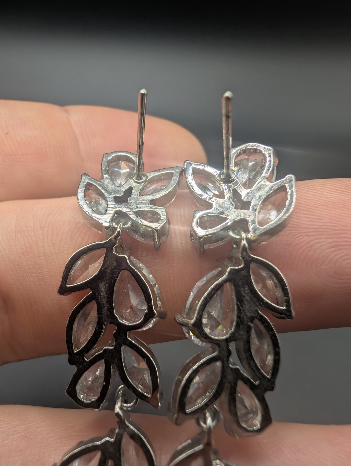 Long Rinestone Earrings Silver Tone Open Back