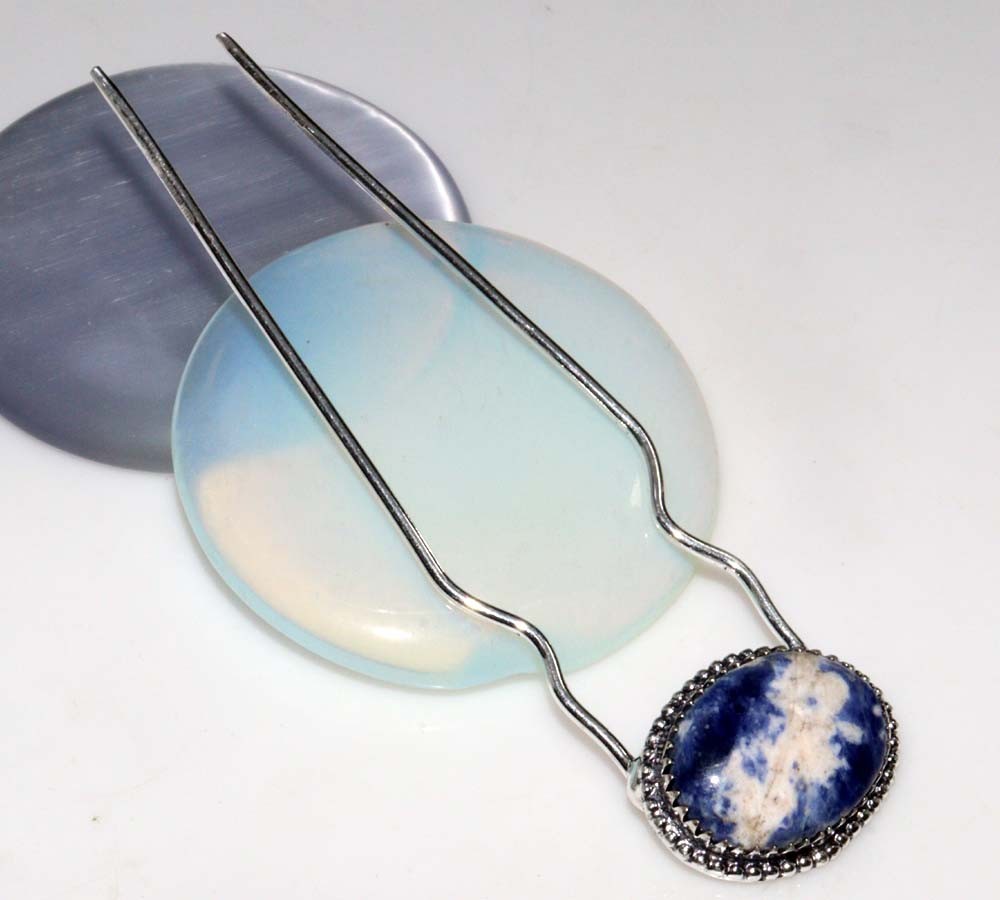 925 Silver Plated Long Sodalite Hairpin 4″ Graceful Jewelry Most Beautiful GW