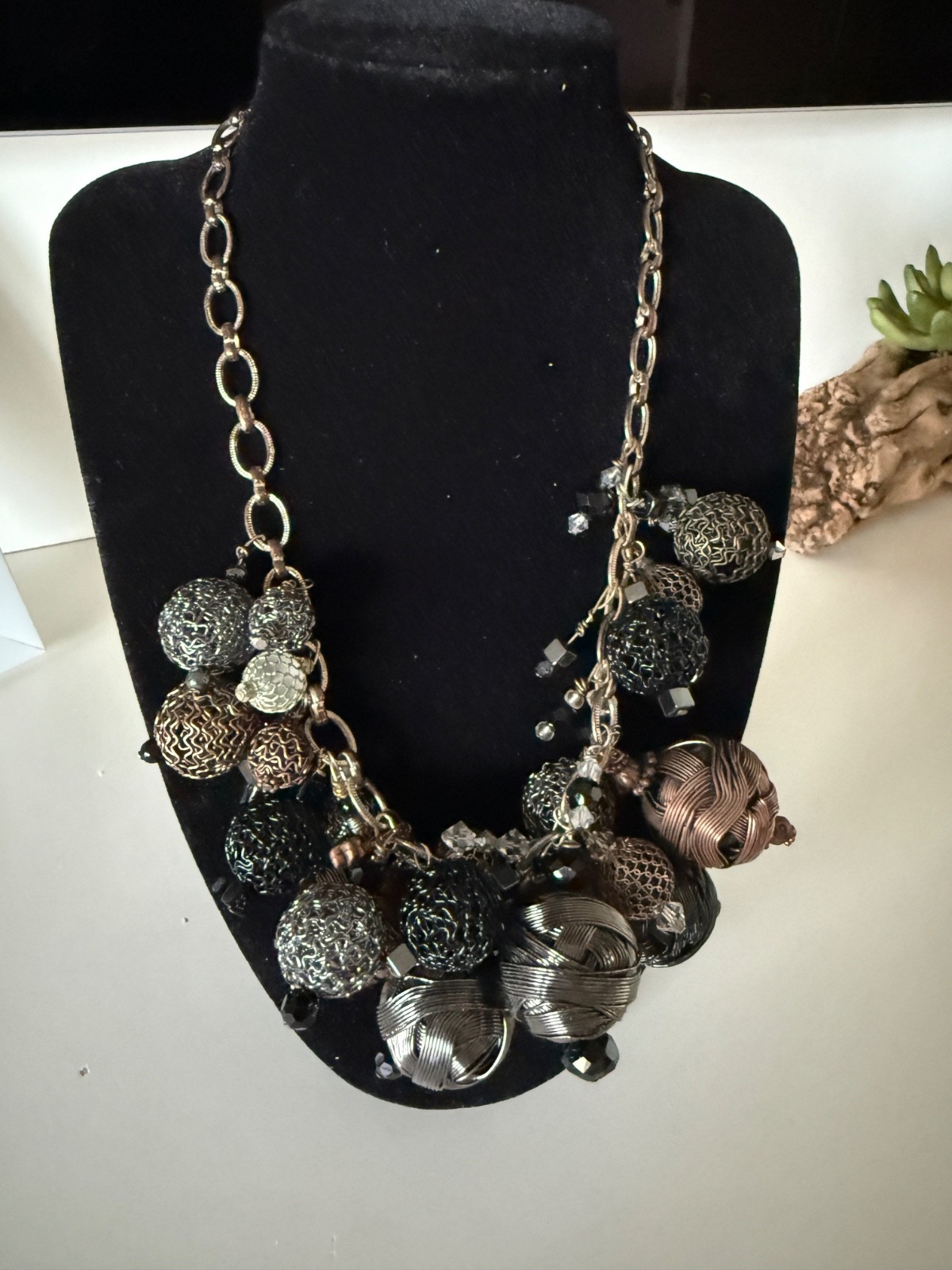 Mixed Metal Statement Necklace Wire Ball Crystal Bead Bib – Black Silver Bronze