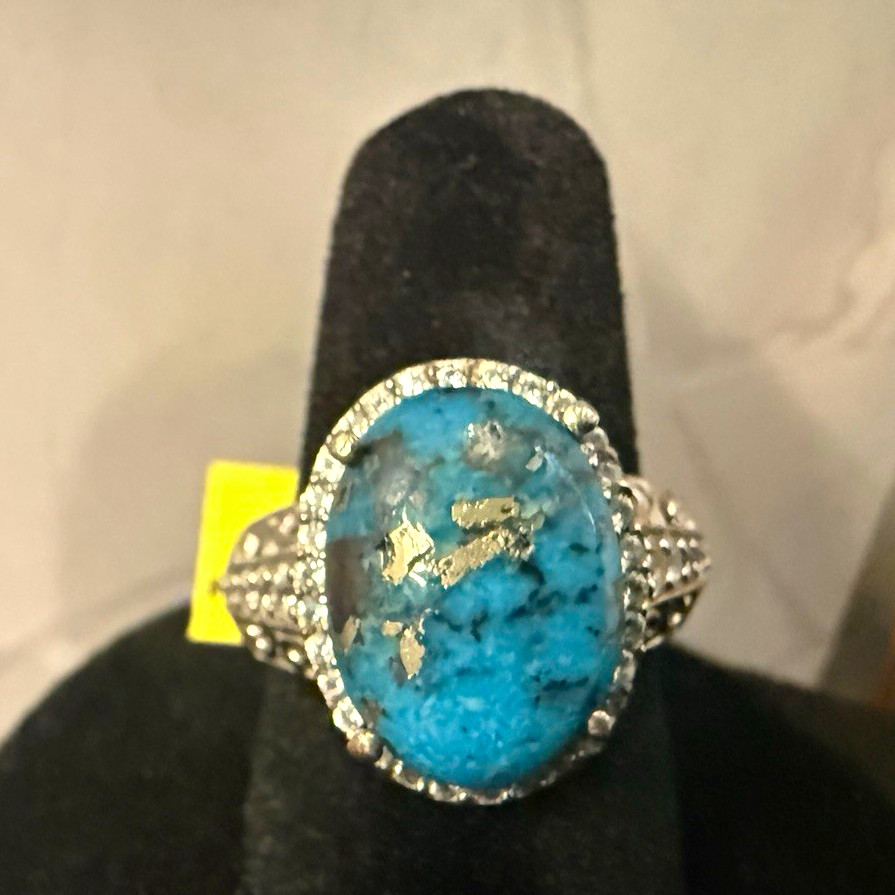 925 Sterling Silver Oval Blue Turquoise CZ Halo Cocktail Ring Size 7