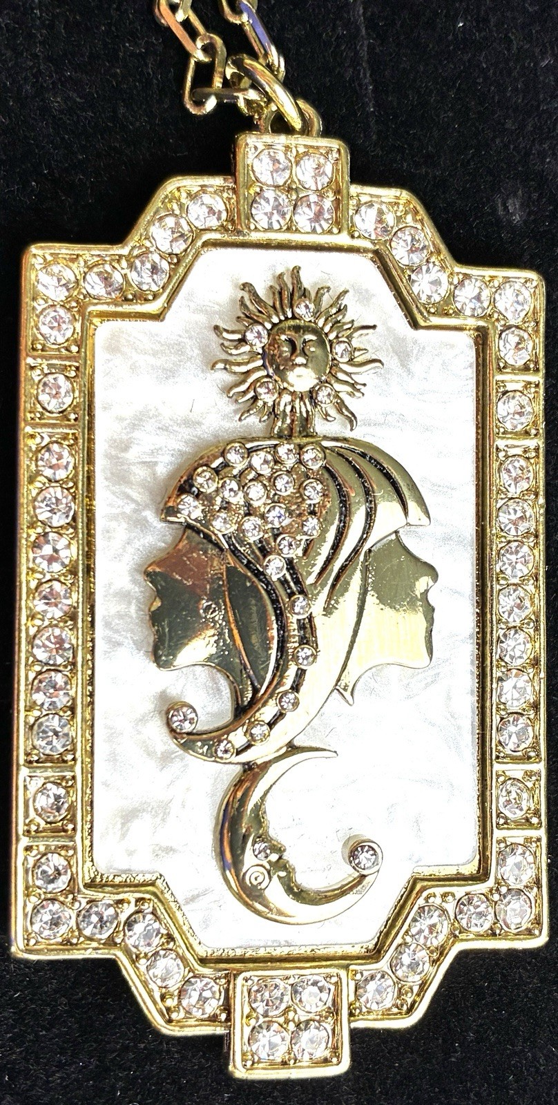 Gemini Zodiac Celestial Pendant Necklace Gold Tone Mother of Pearl Rhinestone