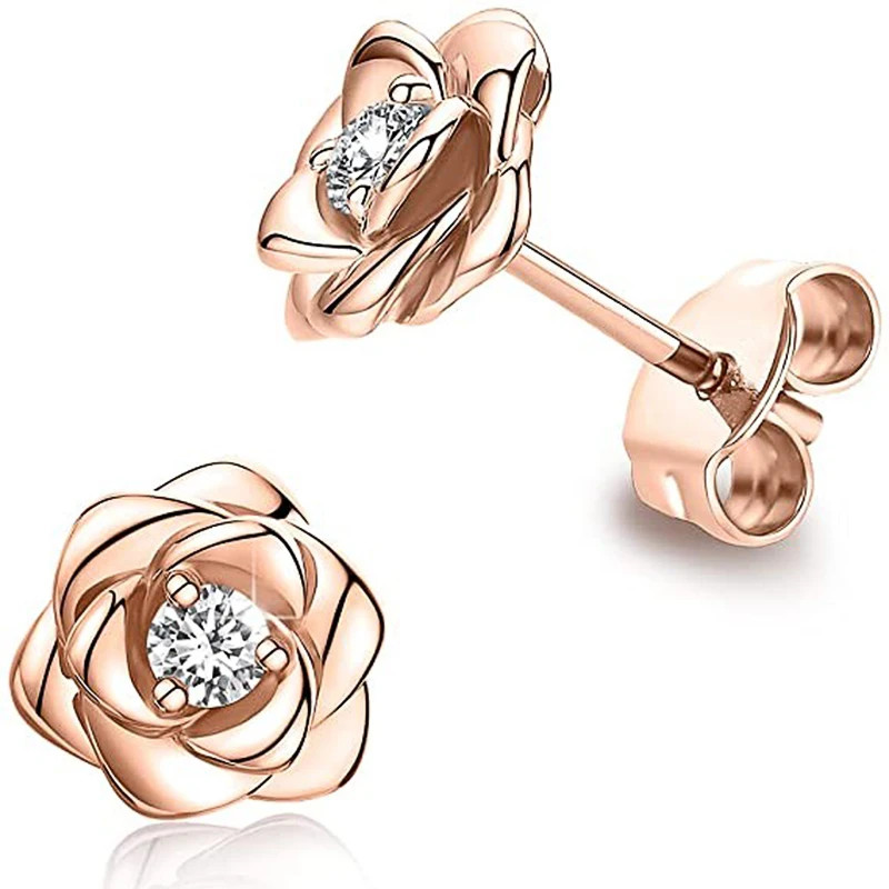 Rose Flower Stud Earrings Sparkling CZ Elegant Dangle Jewelry Women 1 Pair