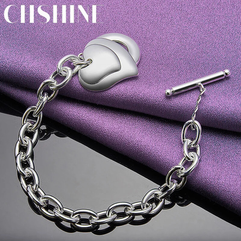 CHSHINE 925 Sterling Silver Double Heart Pendant Bracelet Fashion Charm Jewelry