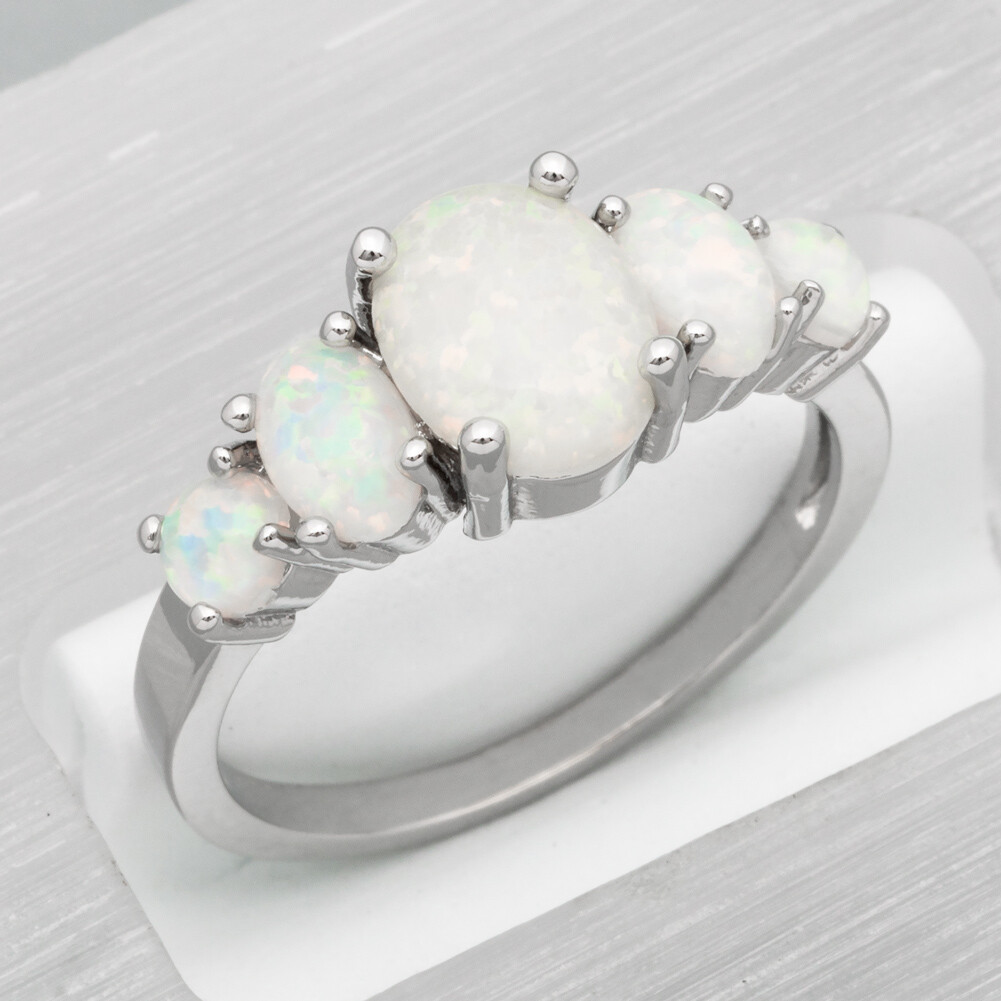 5-Stone White Fire Opal Cabochon Women Silver Jewelry Wedding Ring Size 6 7 8 9