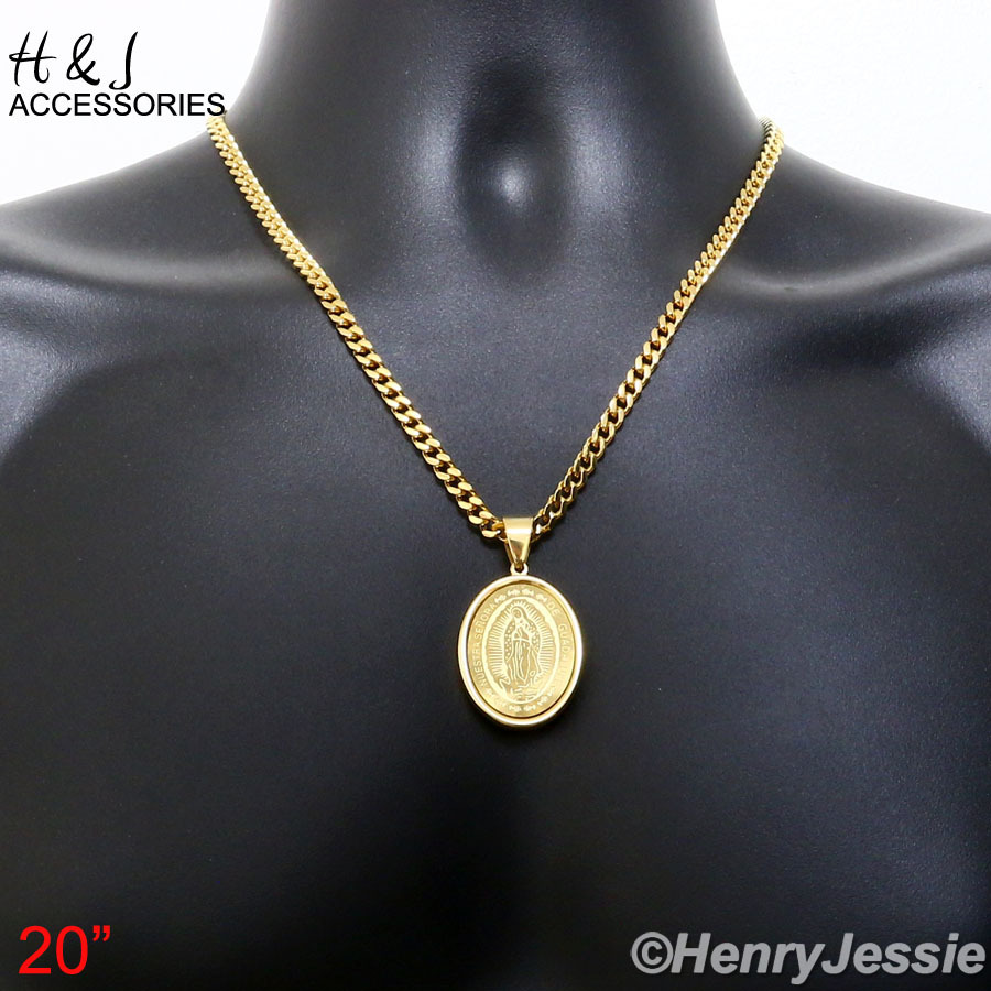 20″MEN Stainless Steel 5mm Gold Plated Cuban Curb Chain VIRGIN MARY Pendant*G26