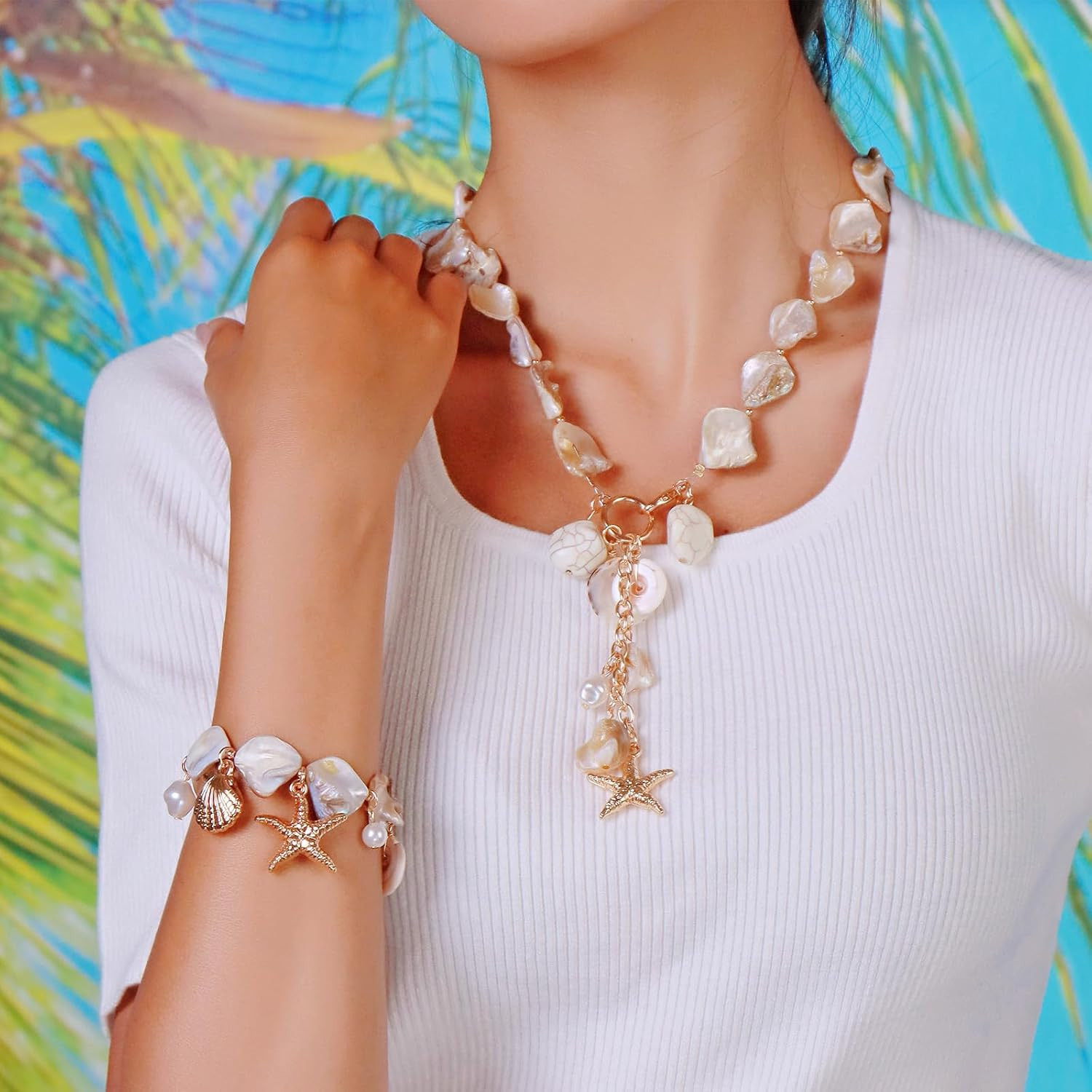 Natural Freshwater Shell Bracelet with Pearl Starfish Pendant Irregular Mother o