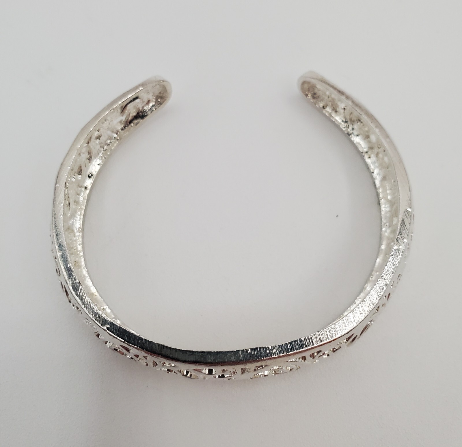 Filagree Cuff Bracelet 6in Polished Silver Tone Metal Small Wrist Snug Fit