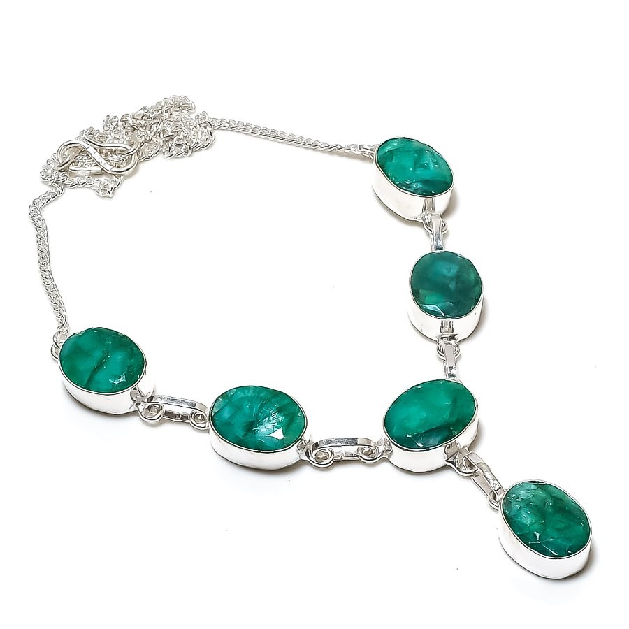 Faceted Sakota Mines Emerald Oval Shape Gemstone Handmade Jewelry Necklace 18″