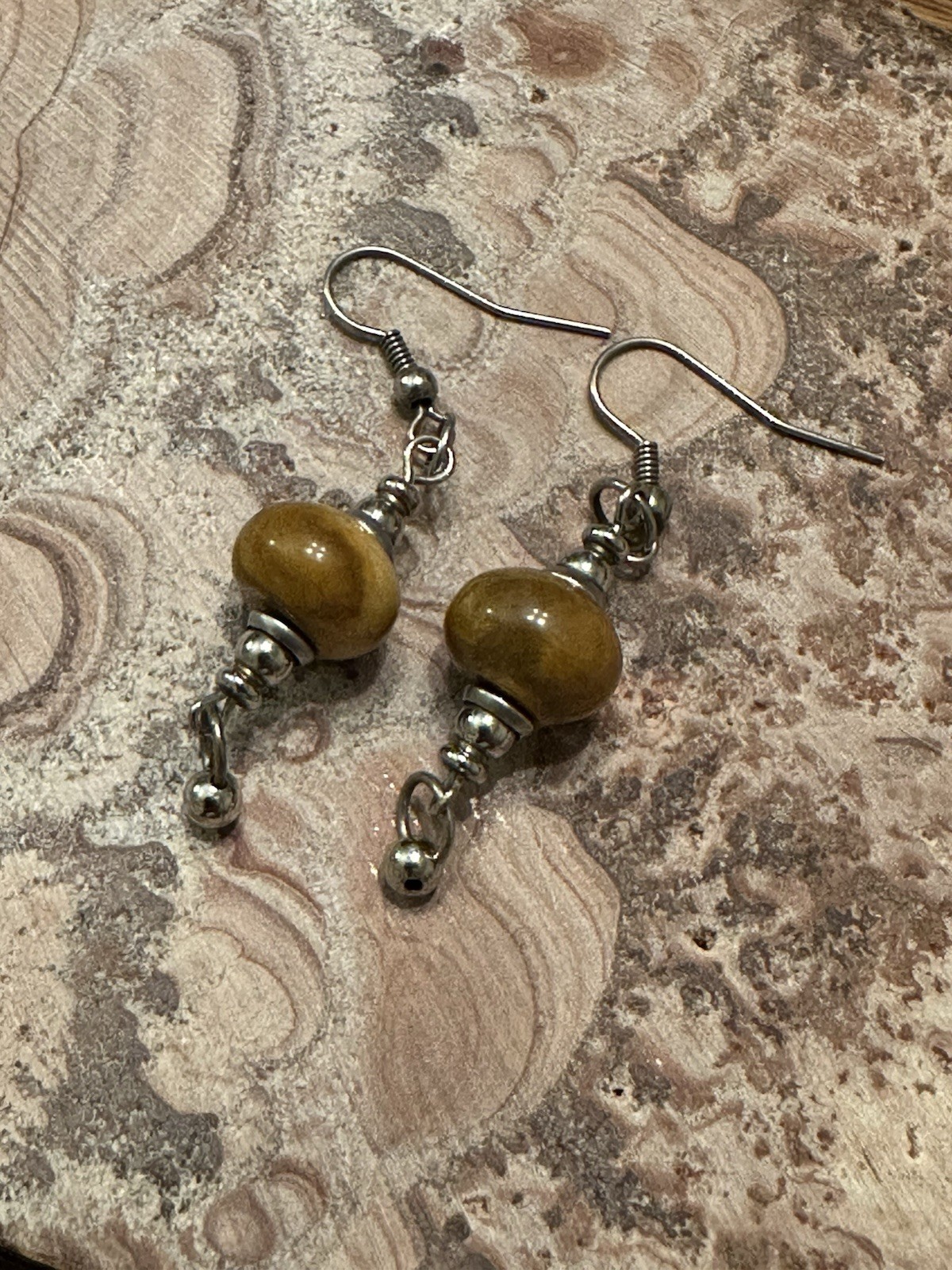 Silvertone And Natural Stone Golden Yellow Brown Dangle Earrings