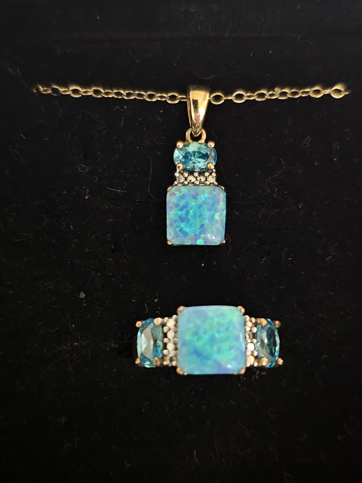 Technibond Gold Tone Over 925 Silver 16″ Necklace/5.75″ Ring Set With Opal…