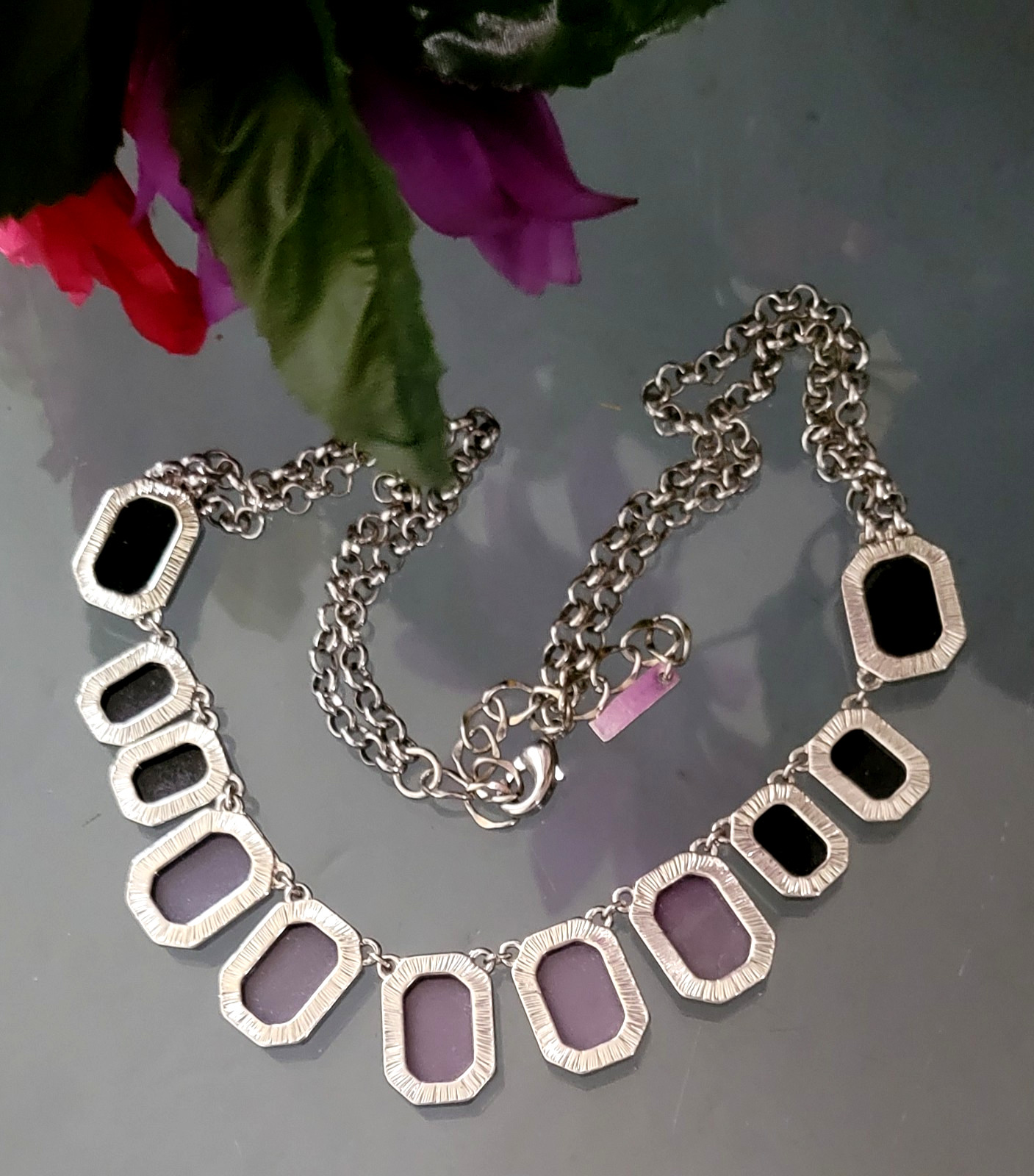 Gradient Black Purple Bezel Style Stones Dual Strand Necklace by Cookie Lee