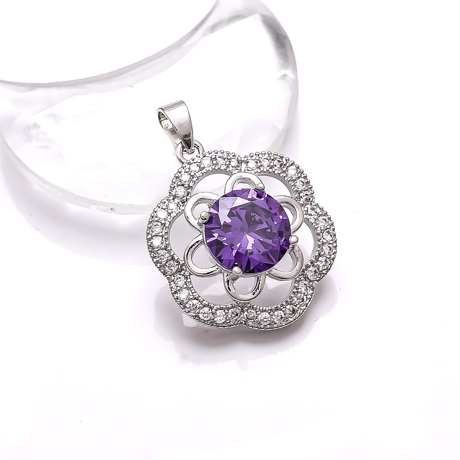 Purple Amethyst & CZ Gemstone 925 Sterling Silver Flower Pendant 1.20″ P78812