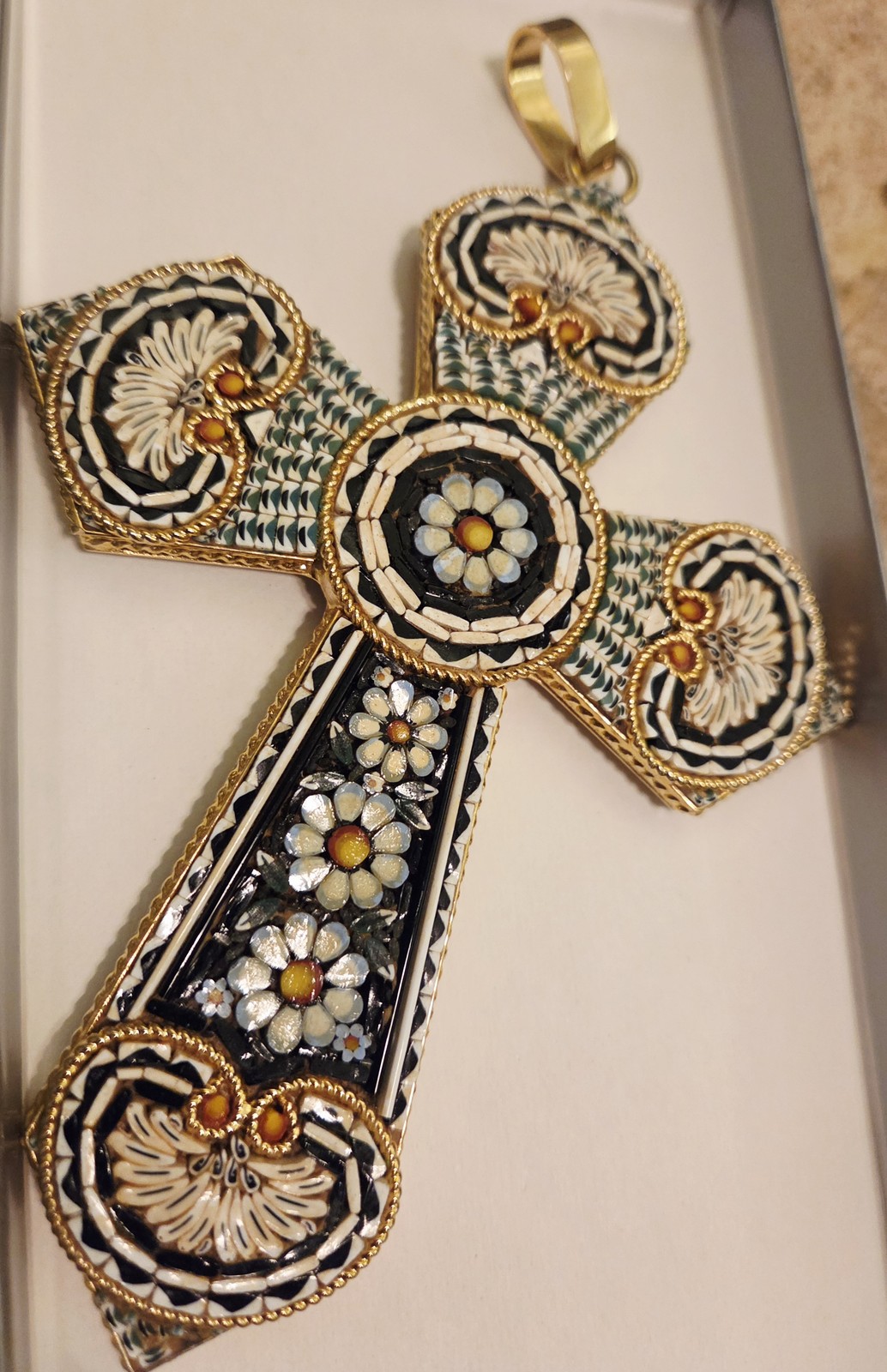 Italian Micromosaic Floral Cross Pendant Millefiori Gold Tone Religious Necklace
