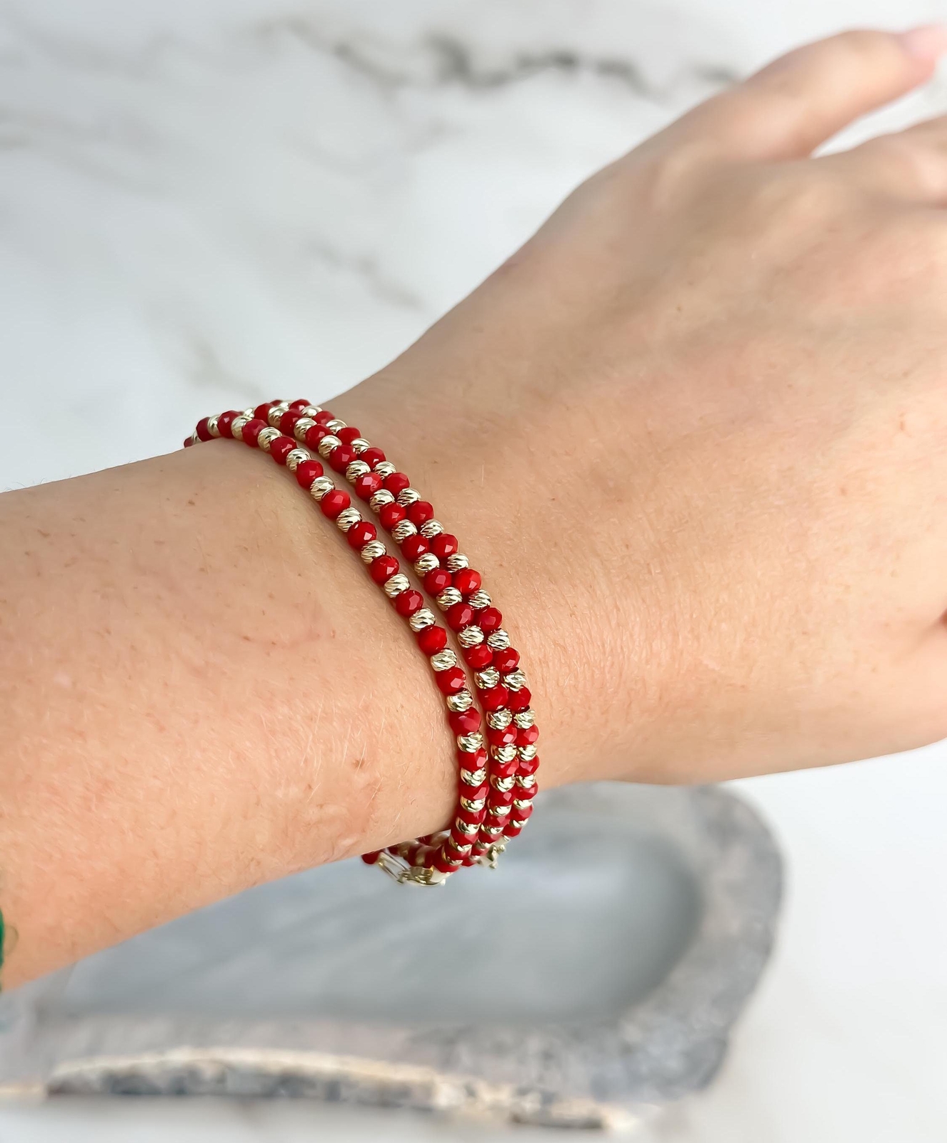 14k Solid Gold Beaded Ball Bracelet Red – 7″ Length – Gift for Women – Stylish