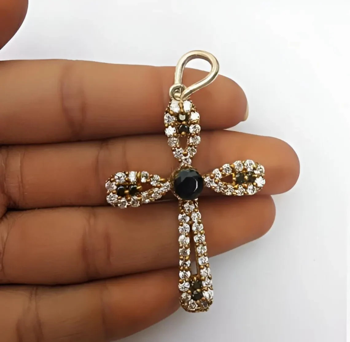 Onyx & Moissanite Diamond Cross Pendant 925 Sterling Silver Iced Out charm
