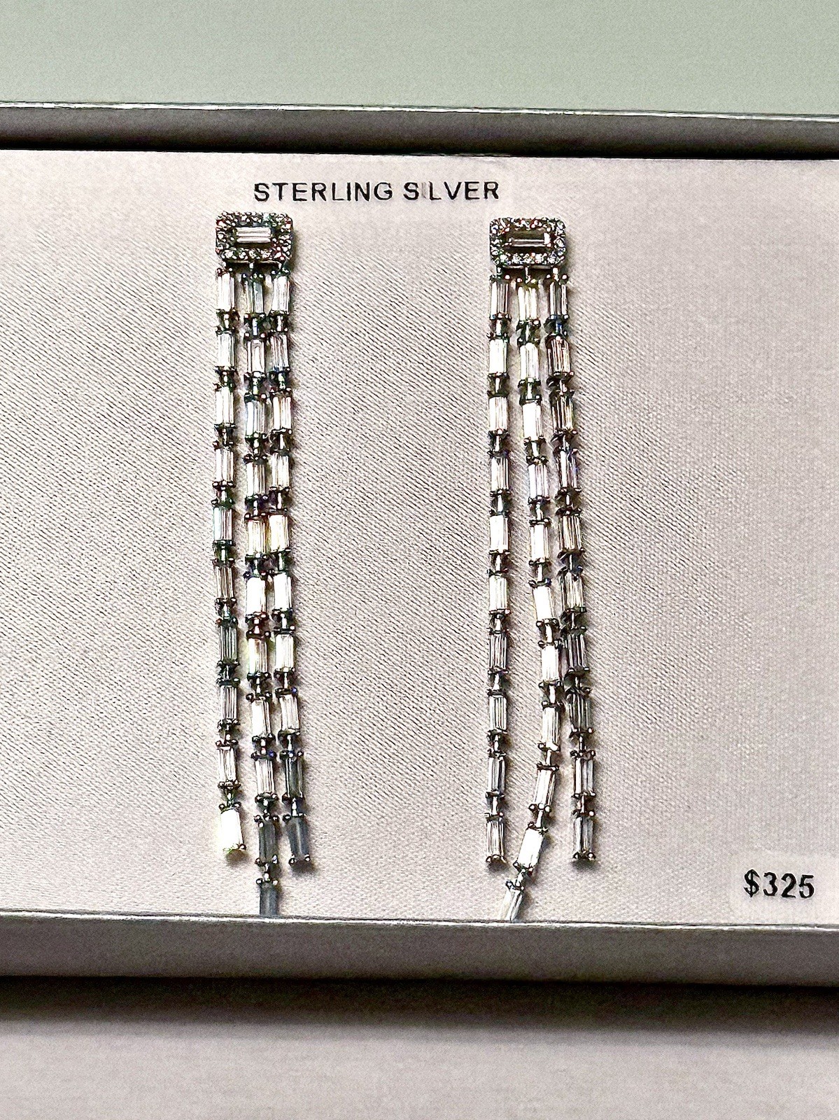 JCM 925SS/GOLD VERMEIL~ BAGUETTE CUBIC ZIRCONIA 2.75” DROP DANGLE EARRINGS NIB*