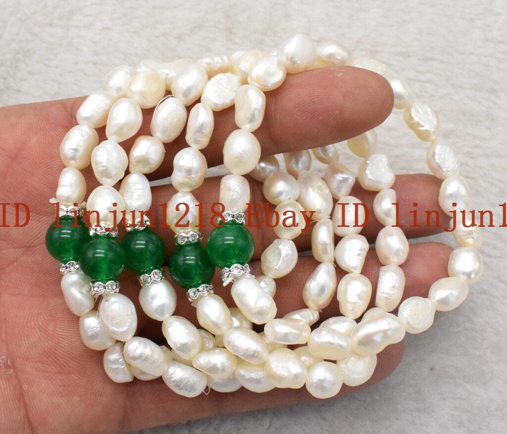 5Pcs Natural 7-8/8-9/9-10mm White Pearl 10mm Green Jade Bracelet 7.5 in