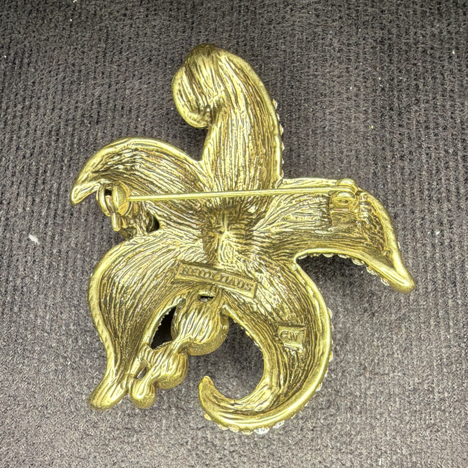Heidi Daus Blue Crystal Fleur De Lis Brooch | Designer Rhinestone Pin | Gold Ton