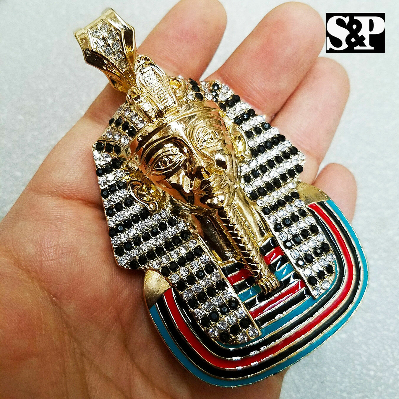 HIP HOP ICED LARGE EGYPTIAN PHARAOH KING TUT CUBIC ZIRCONIA CHARM PENDANT