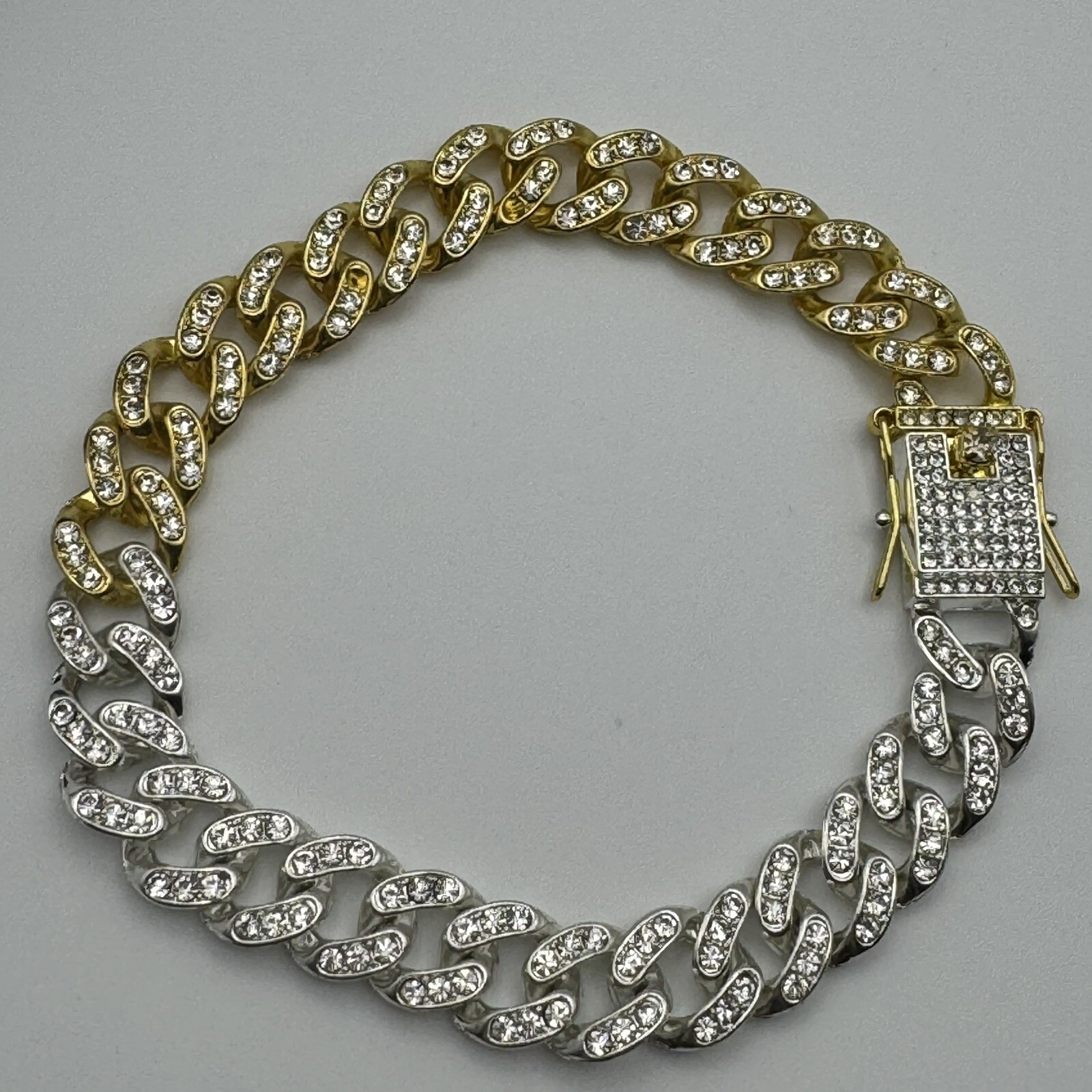 Goldtone Silvertone Rhinestone Cuban Link Box Clip Closure Bracelet 9 1/2”